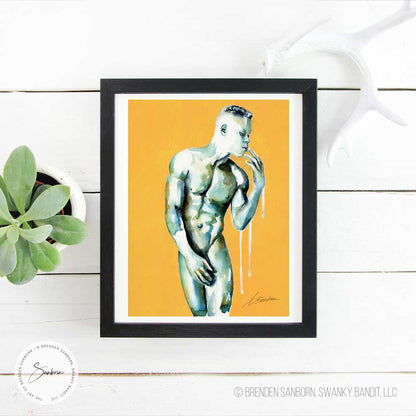 Sunkissed Solitude - Reflective Male Figure with Contemplative Gaze and Sculpted Physique - Giclee Art Print