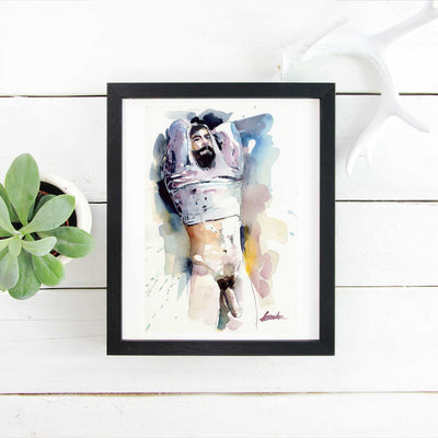 Bearded Man Removing Shirt - 6x9" Original Watercolor Painting Artist Brenden Sanborn
