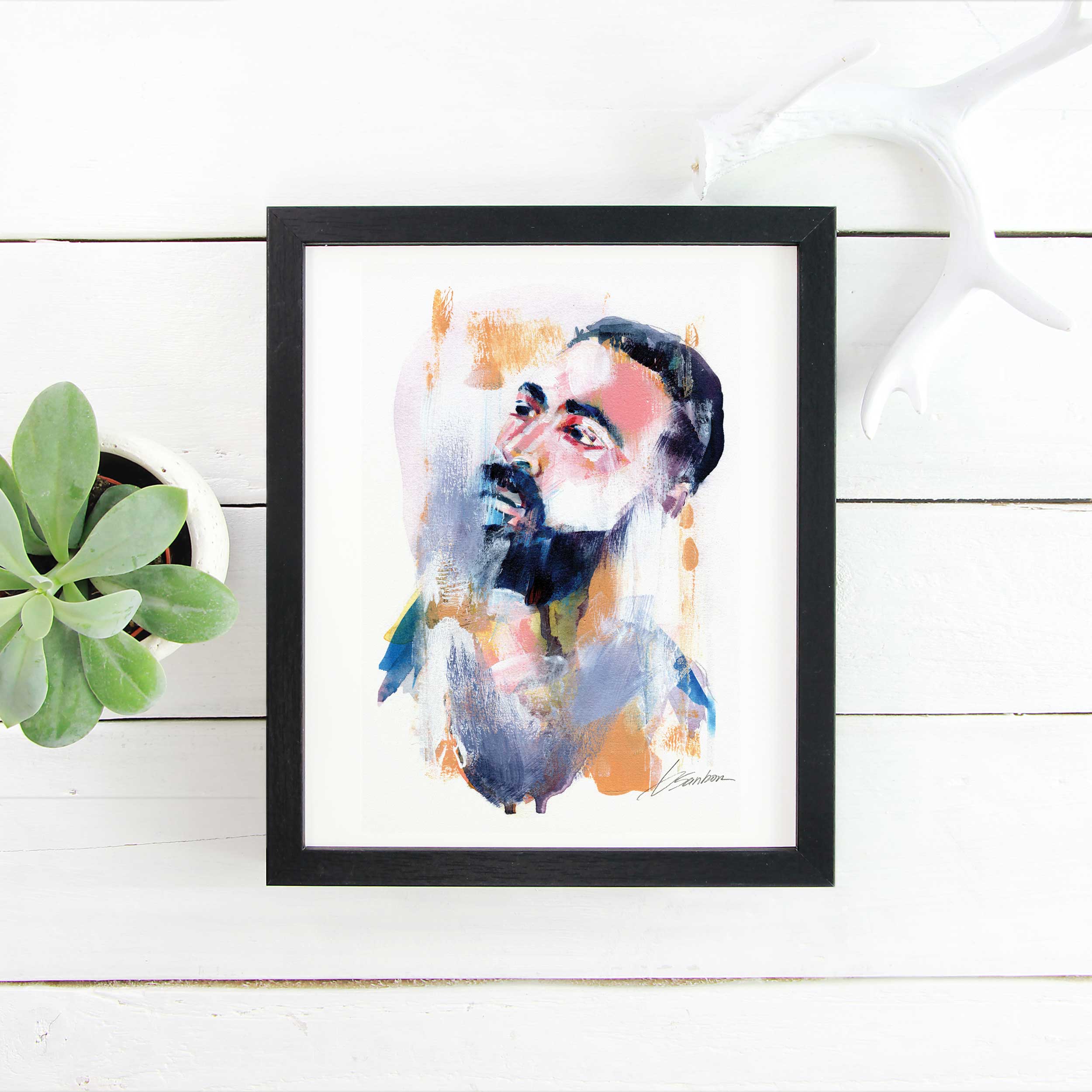 Handsome Bearded Man Looking Upwards - 6x9" Original Watercolor