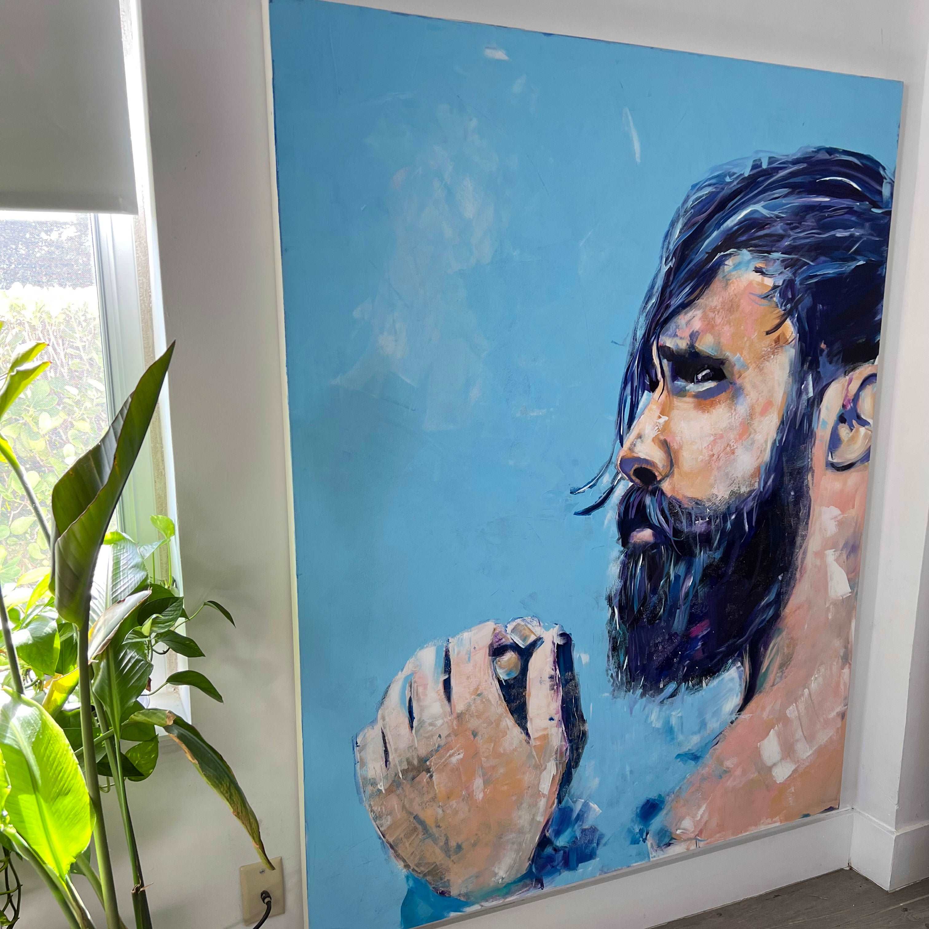 Bearded Hunk in Ocean - Original Acrylic Painting