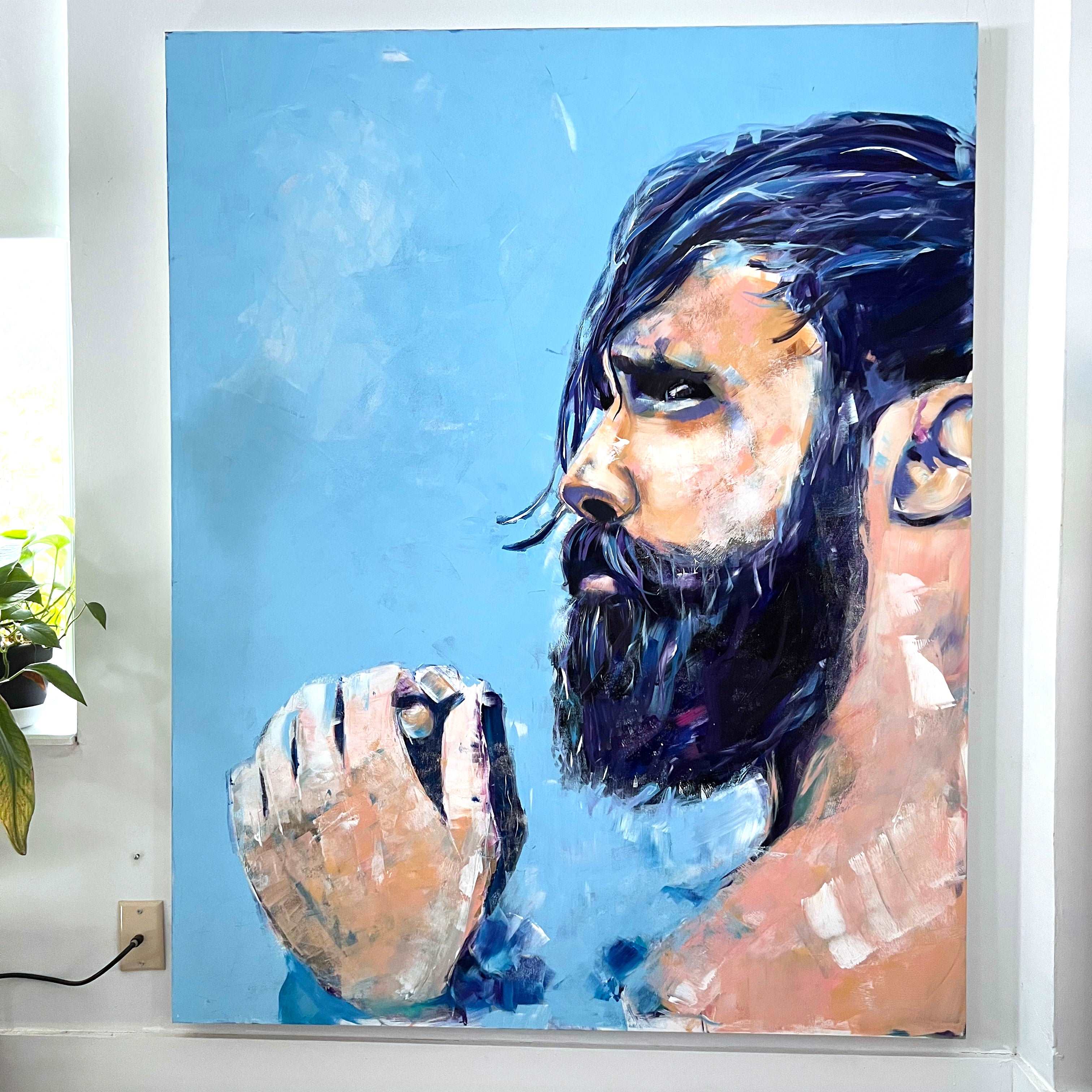 Bearded Hunk in Ocean - Original Acrylic Painting