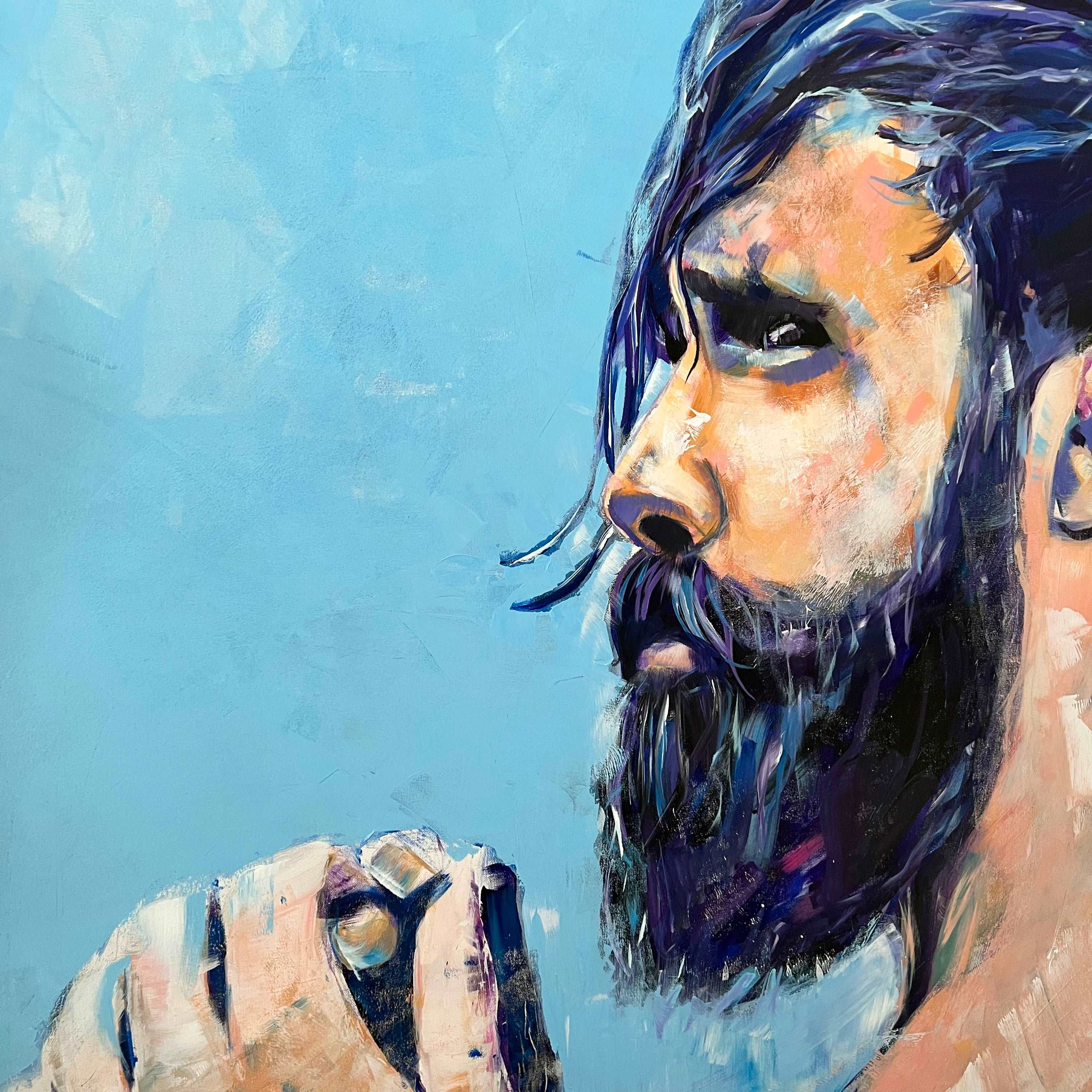 Bearded Hunk in Ocean - Original Acrylic Painting