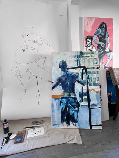 City of Lights - Semi Nude Male in New York City - Original Acrylic Painting Artist Brenden Sanborn
