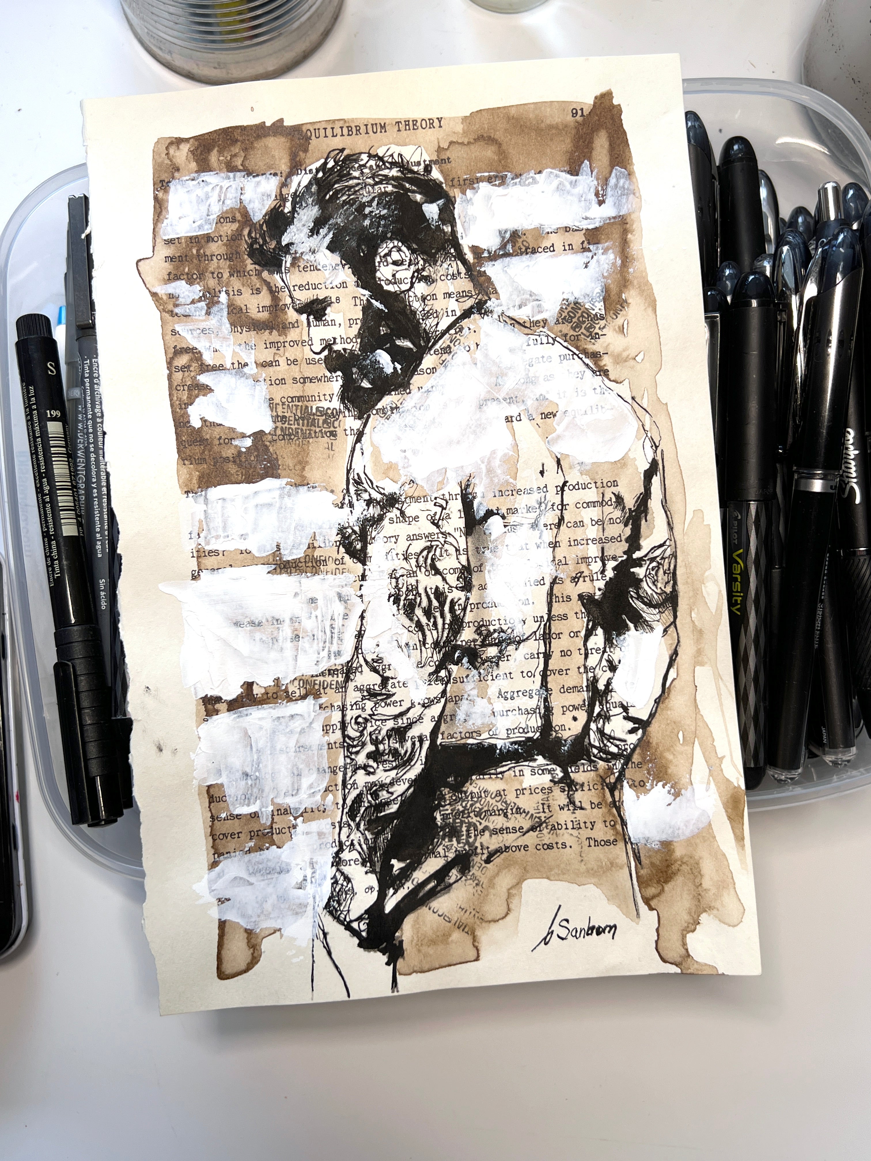 Tattooed Male Back with Coffee and Acrylic Layers – 6x9 Original Ink Drawing Artist Brenden Sanborn