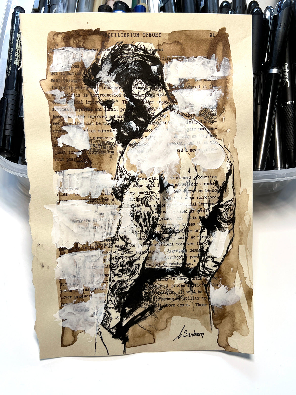 Tattooed Male Back with Coffee and Acrylic Layers – 6x9 Original Ink Drawing Artist Brenden Sanborn