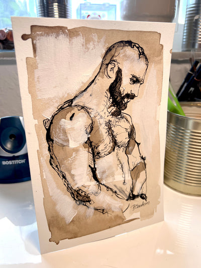Bearded Male Torso with Crossed Arms and White Acrylic Details – 6x9 Original Ink Drawing Artist Brenden Sanborn