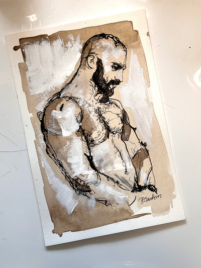 Bearded Male Torso with Crossed Arms and White Acrylic Details – 6x9 Original Ink Drawing Artist Brenden Sanborn