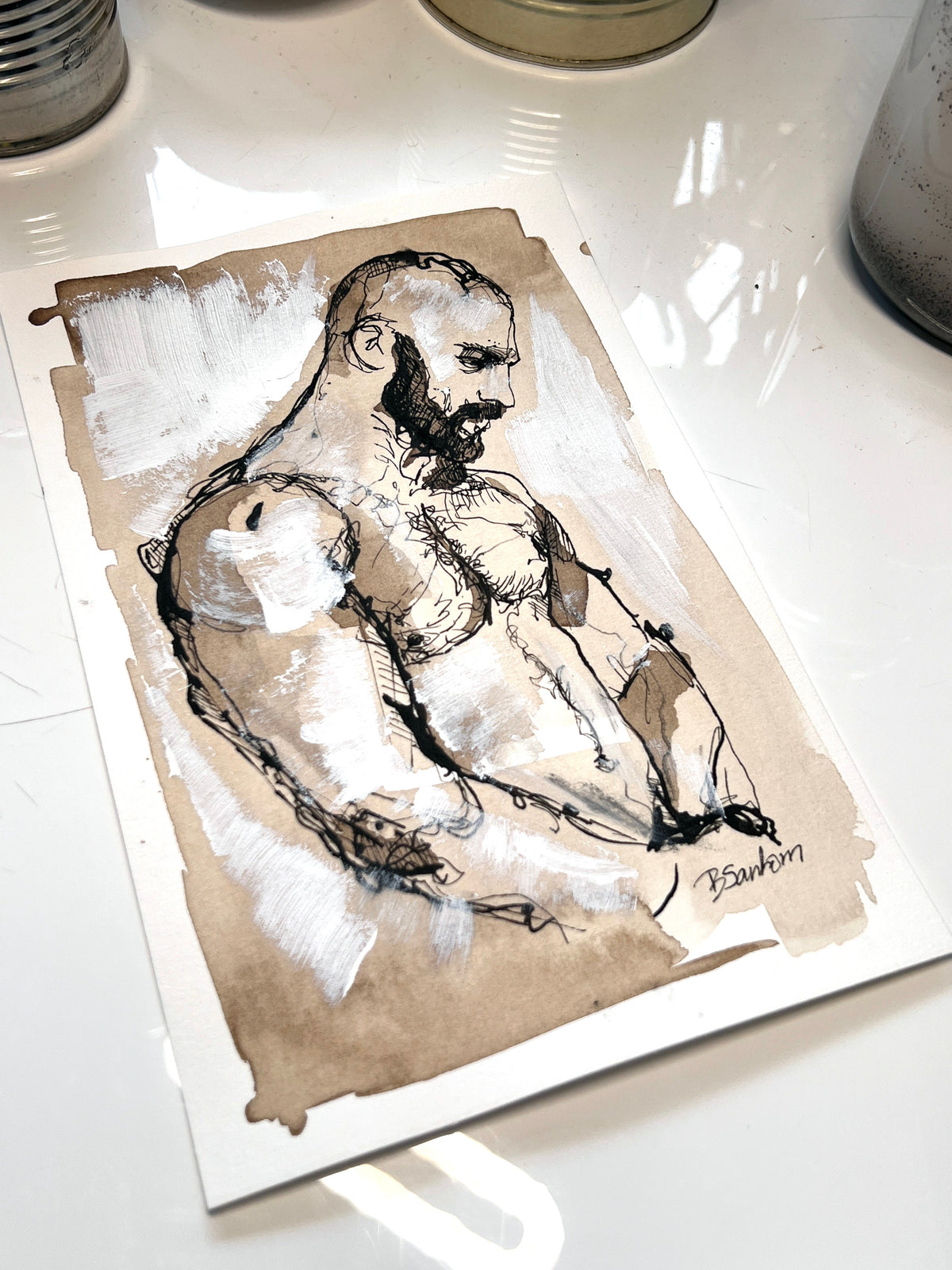 Bearded Male Torso with Crossed Arms and White Acrylic Details – 6x9 Original Ink Drawing Artist Brenden Sanborn