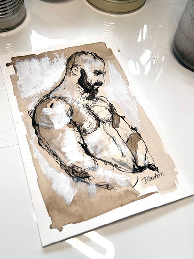 Bearded Male Torso with Crossed Arms and White Acrylic Details – 6x9 Original Ink Drawing Artist Brenden Sanborn