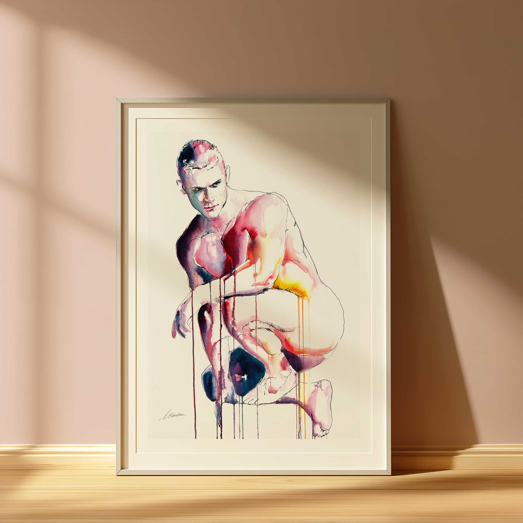 Crouched in Thought Muscular Form Highlighted by Bold Strokes - Art Print