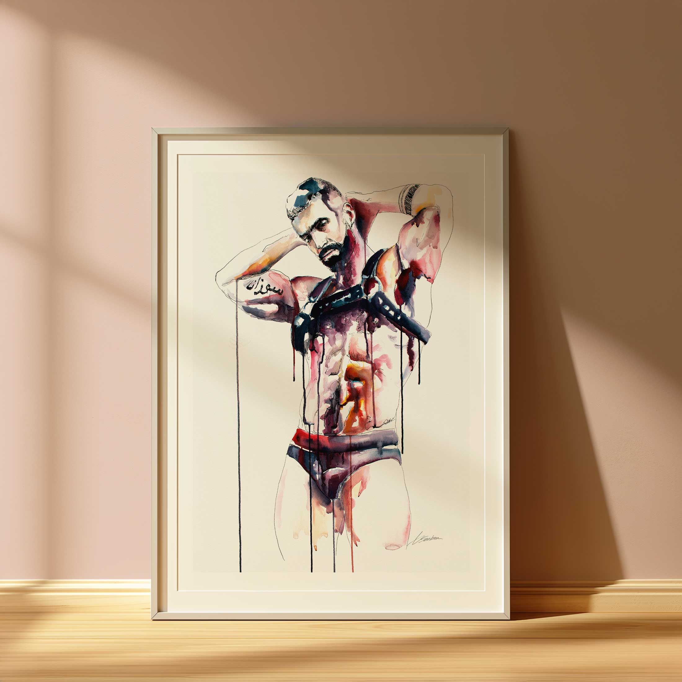 Muscular Bearded Man in Harness with Tattoos - Art Print