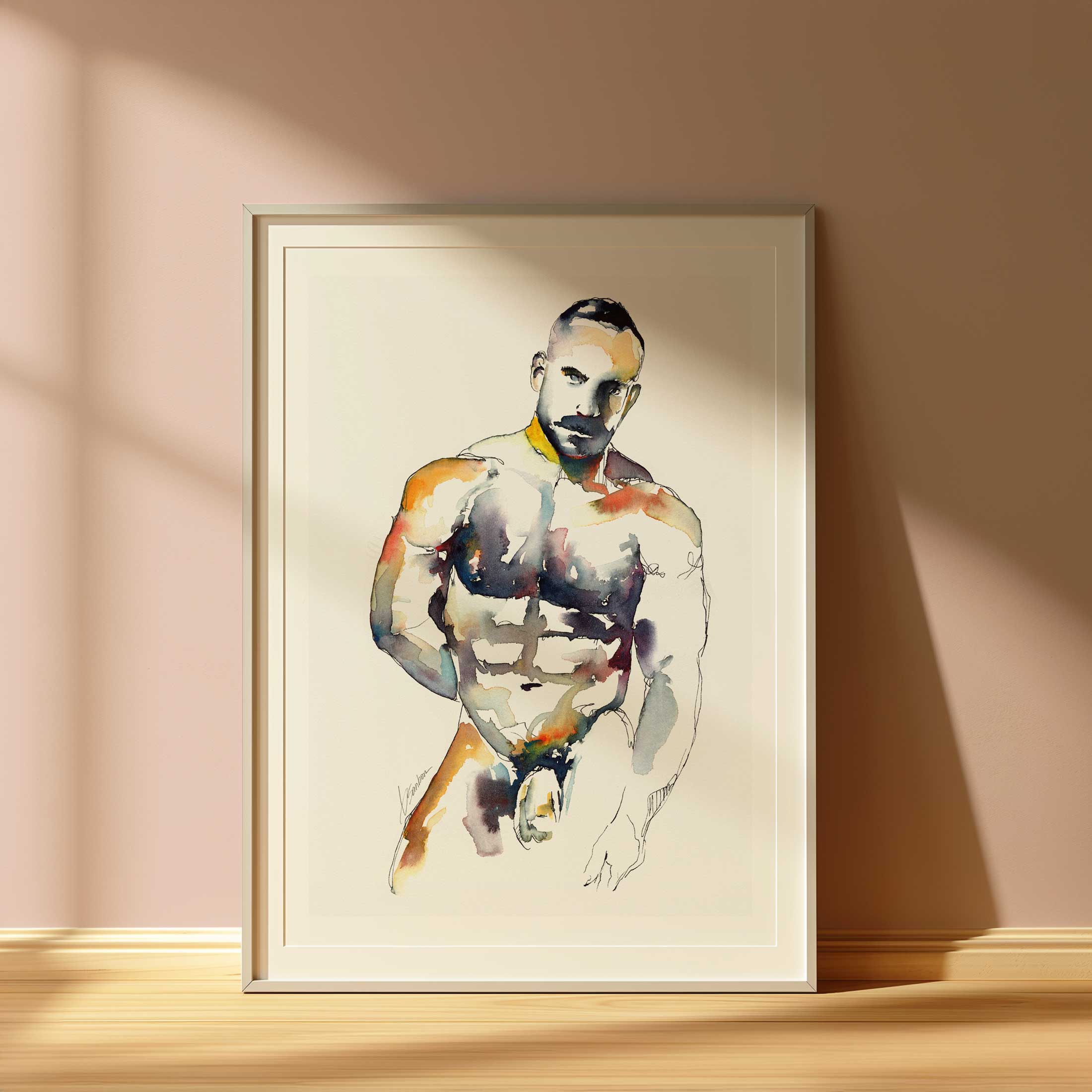 Muscular Male Nude with Intense Stare and Chiseled Abs - Art Print