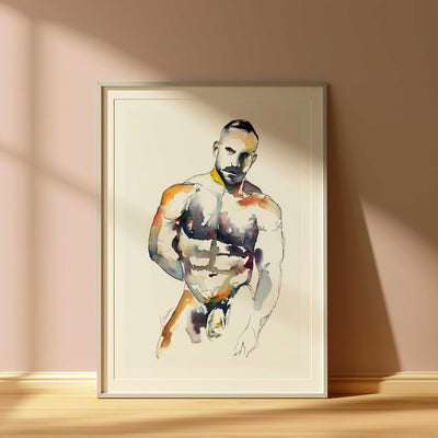 Muscular Male Nude with Intense Stare and Chiseled Abs - Art Print Artist Brenden Sanborn