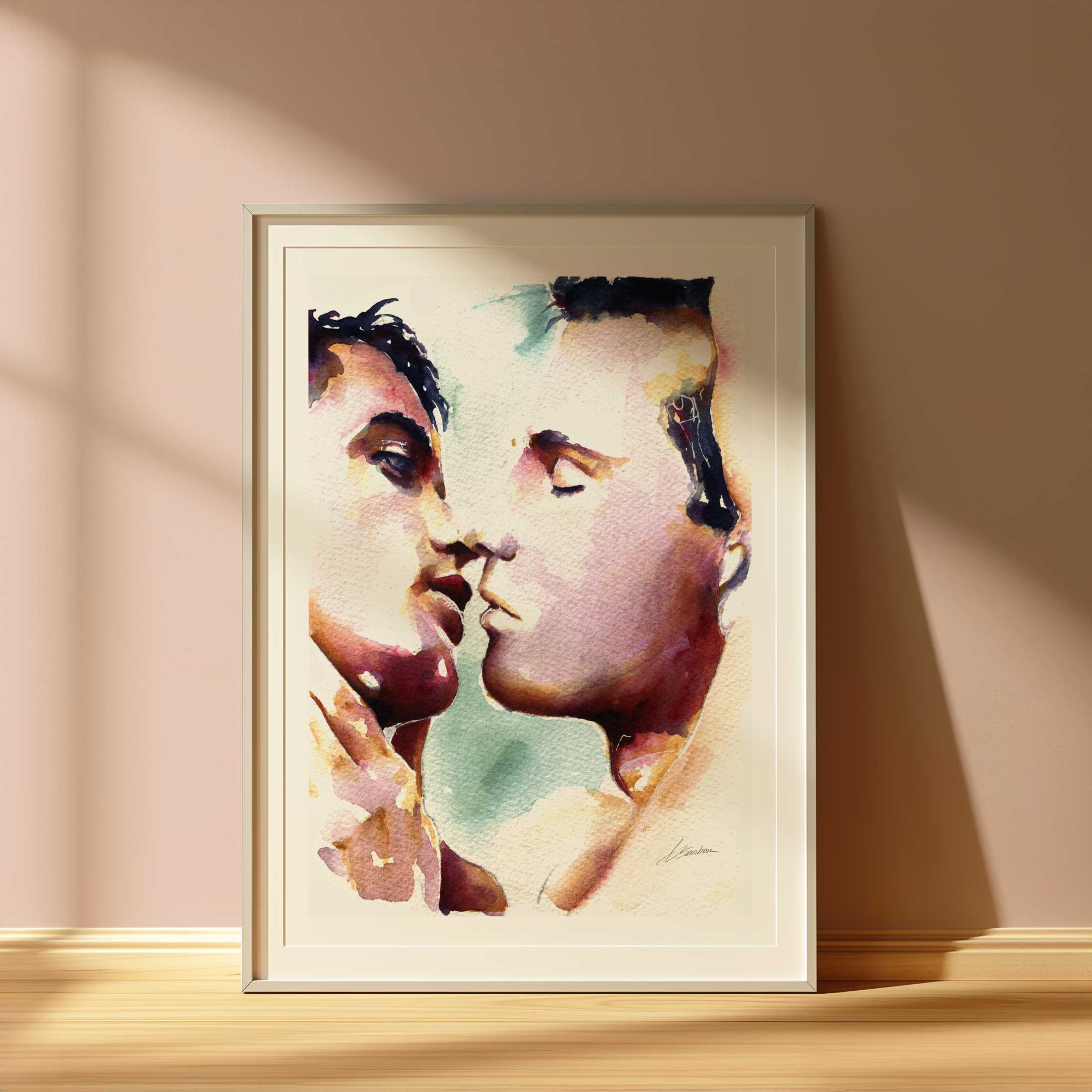 Tender Moment Between Lovers as They Lean in Close - Art Print