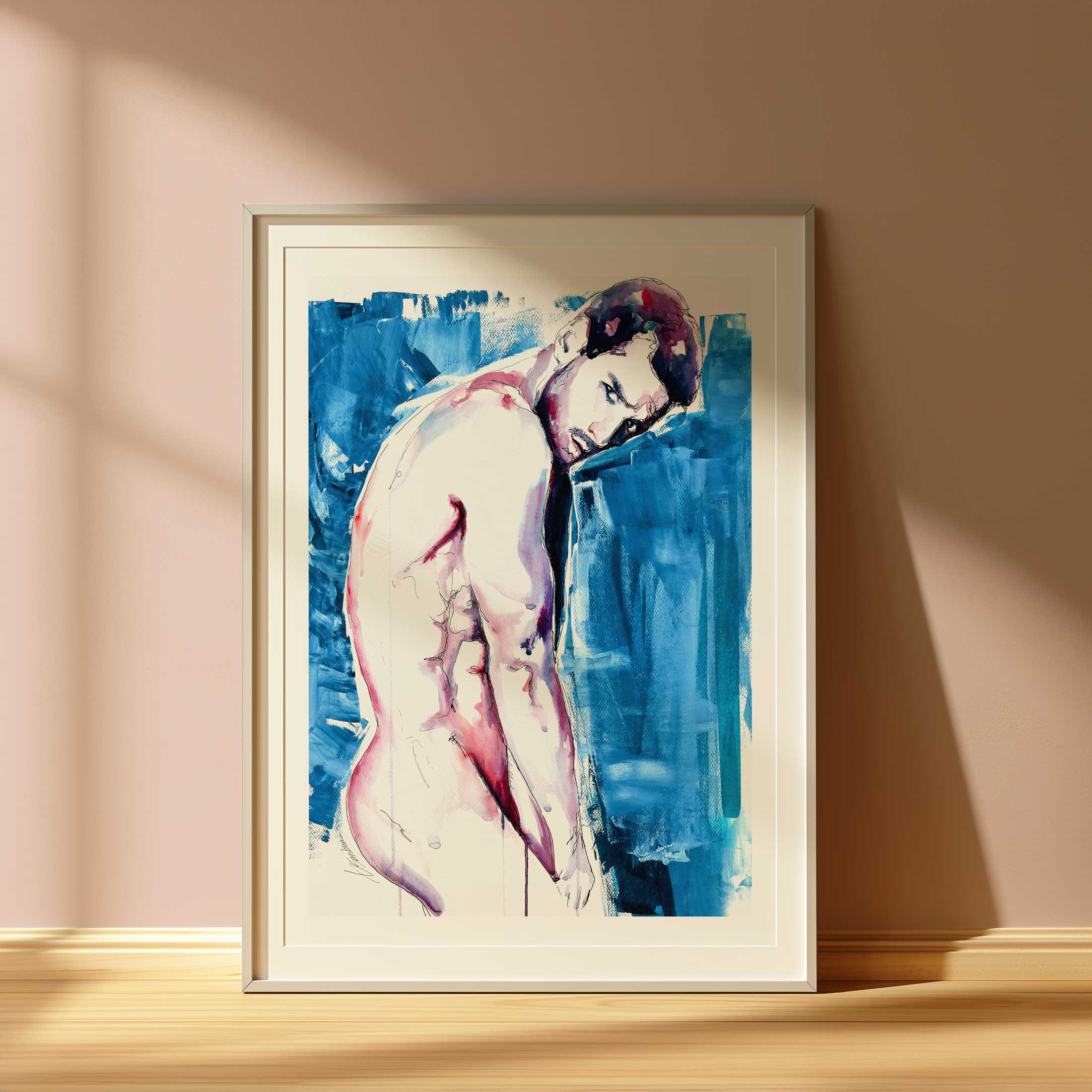 Sexy Moment of a Bare Back Leaning Against the Cool Blue - Art Print