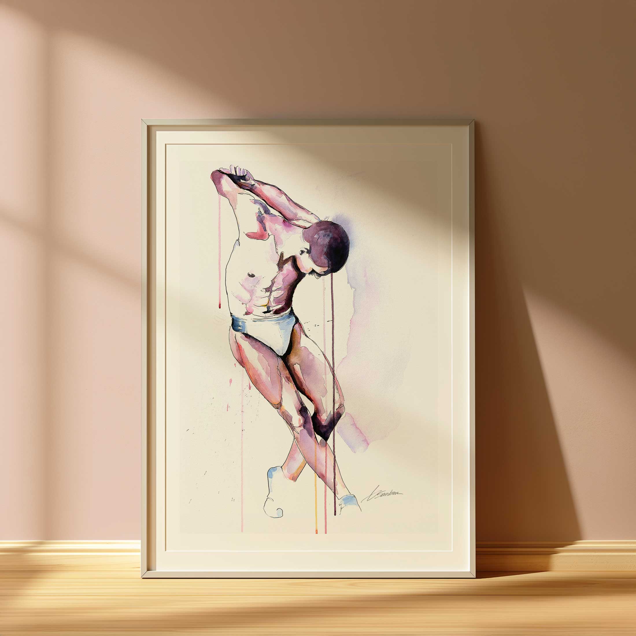 Stretching Moments of a Man in White Briefs - Art Print