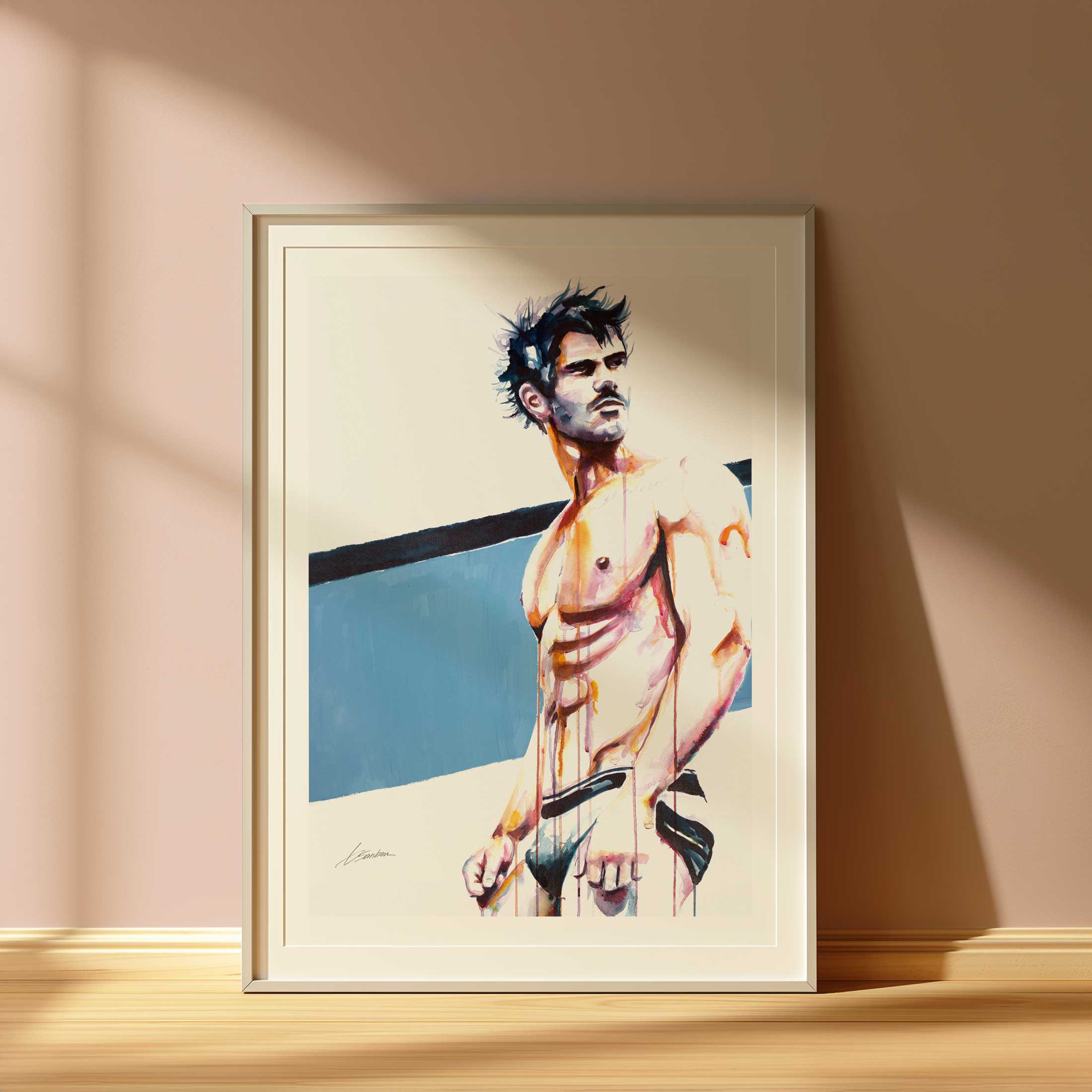 Sunlit Abs and Tousled Hair Bare Strength in the Open Air - Art Print