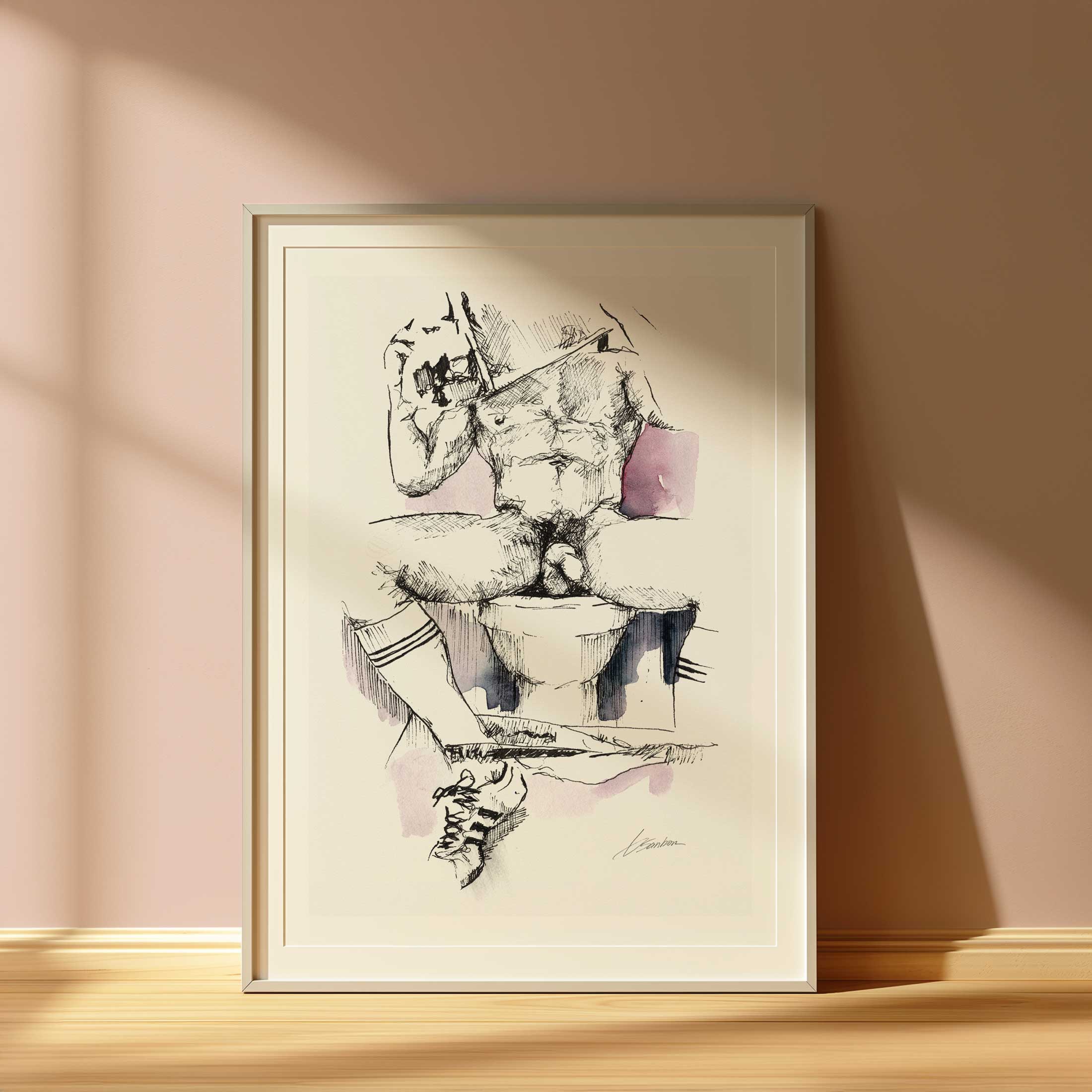 Man in Contemplation on Toilet with Athletic Socks and Sneakers - Art Print