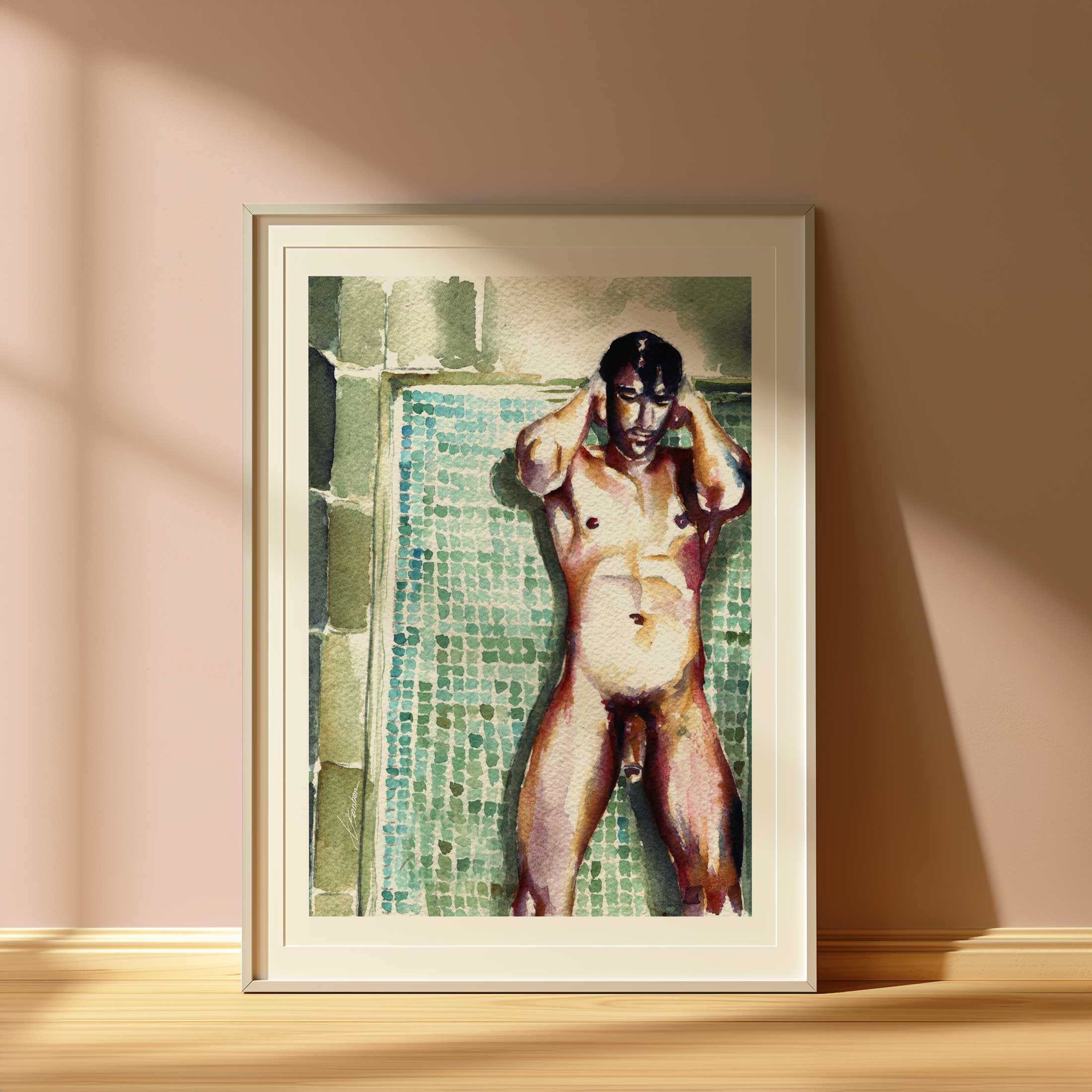 Male Nude Underwater Tiles Resting Against a Mosaic Wall - Art Print