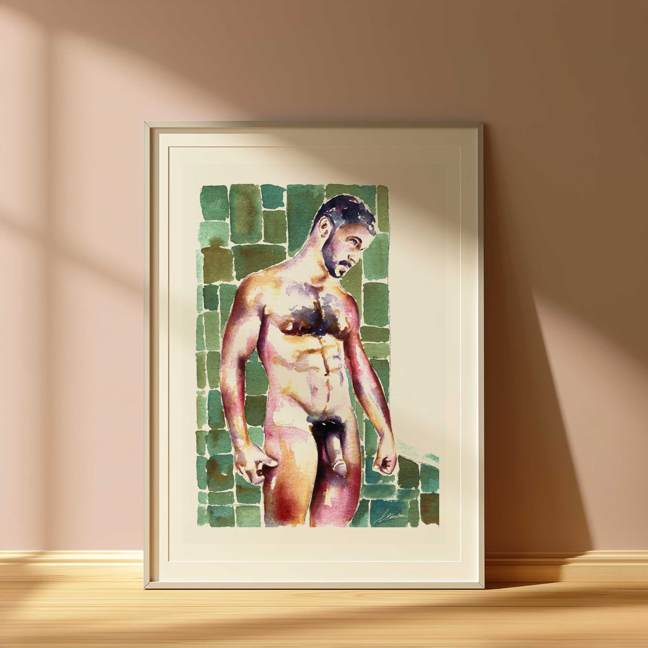 Bearded Man in Shower - Art Print