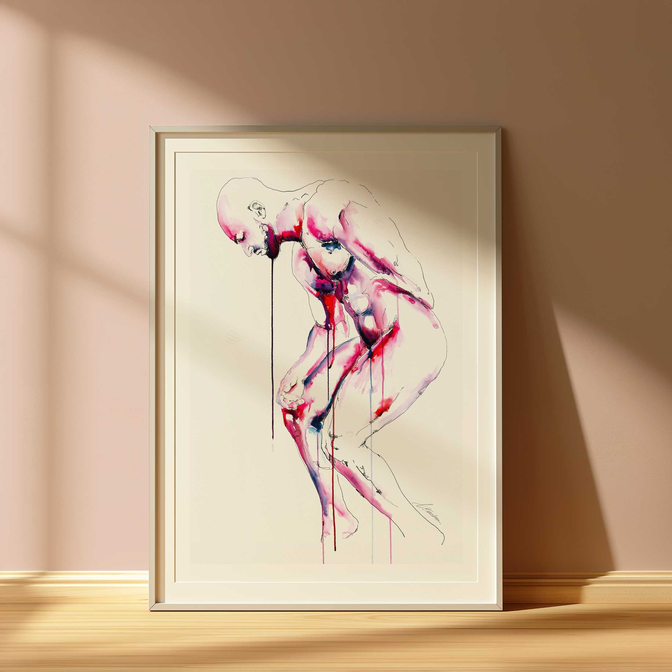 Crouching Nude Male with Tense Posture and Downcast Gaze - Art Print