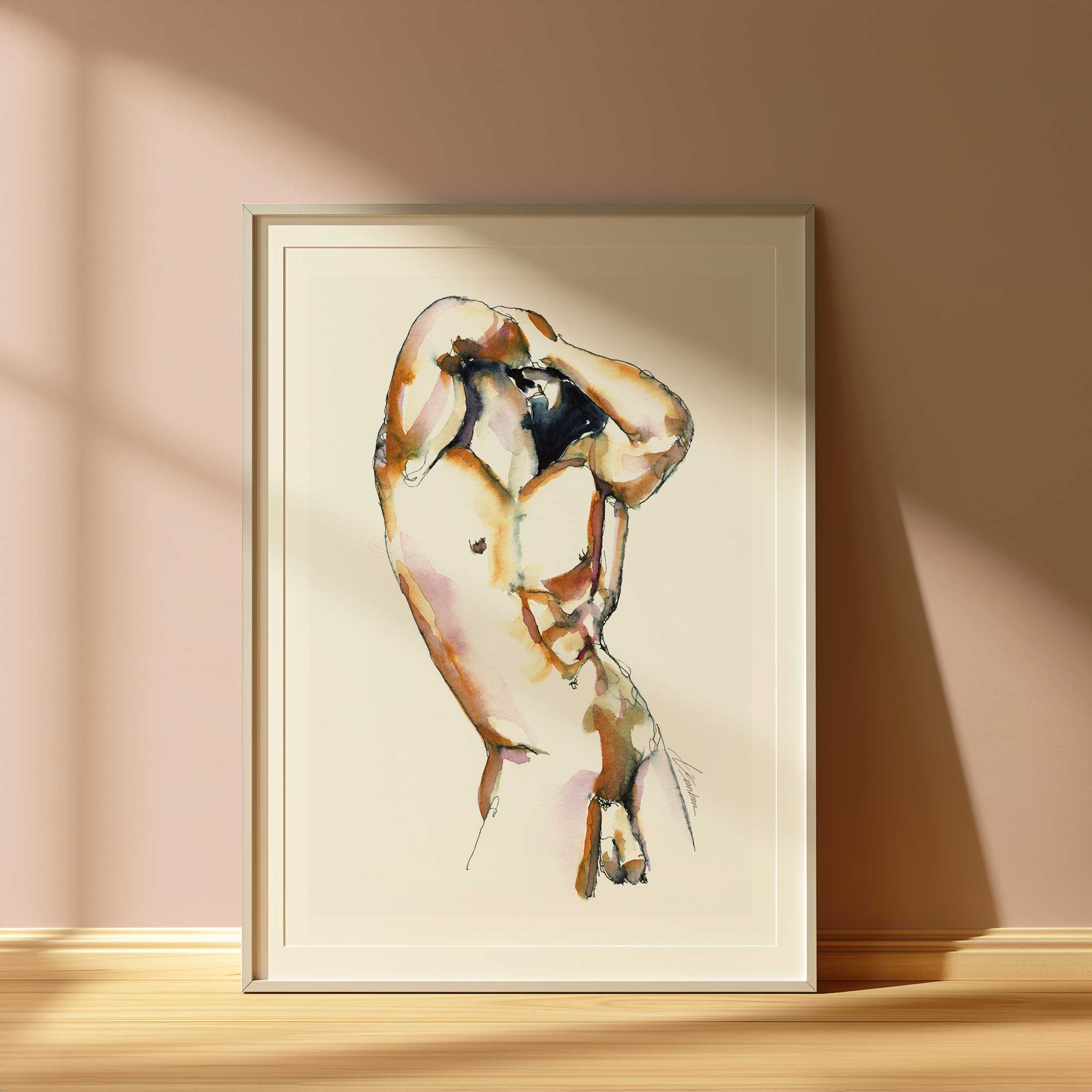 Strong Curves Male Nude with Hands Behind Head - Art Print