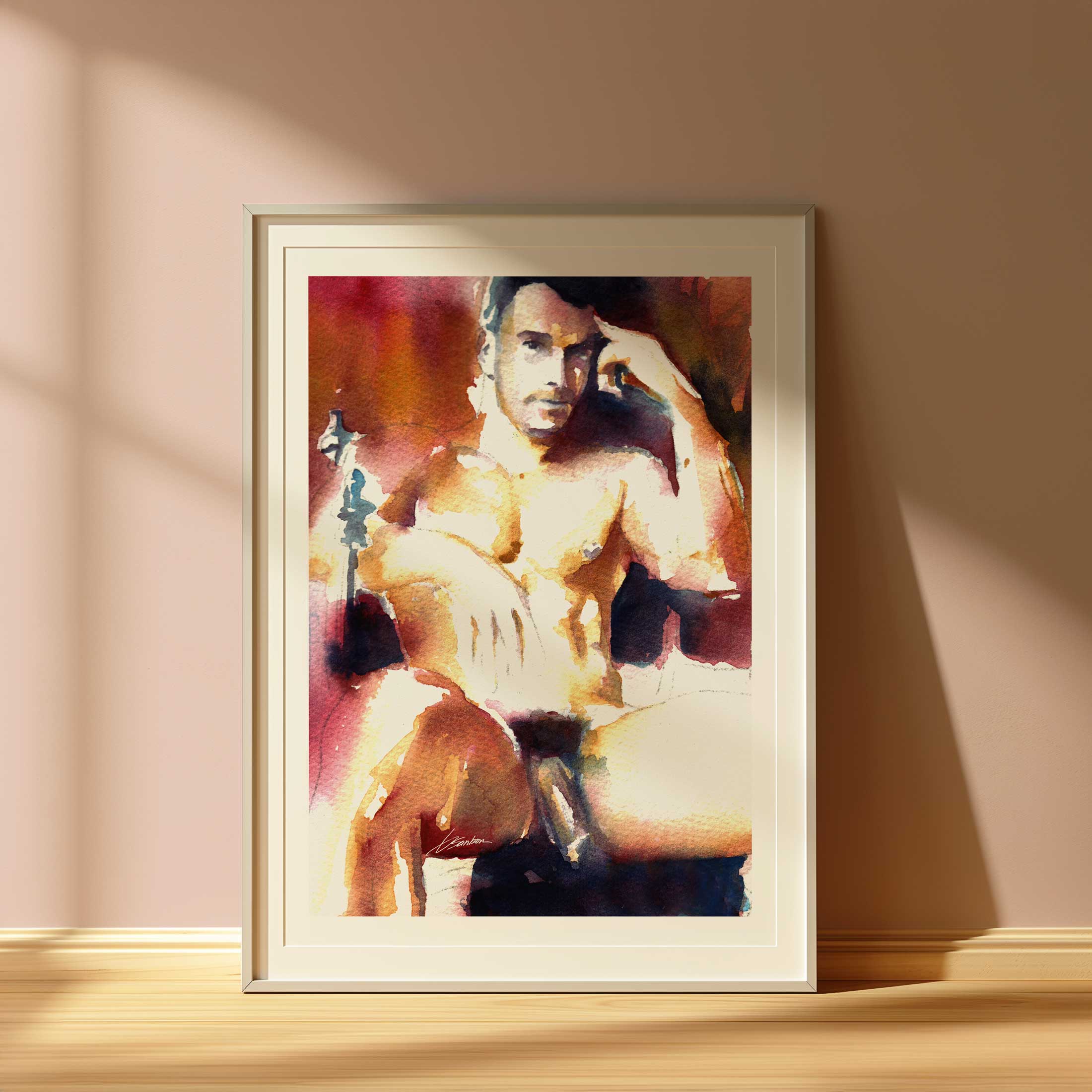 Seated Male Nude in Thoughtful Pose with Hookah Nearby - Art Print