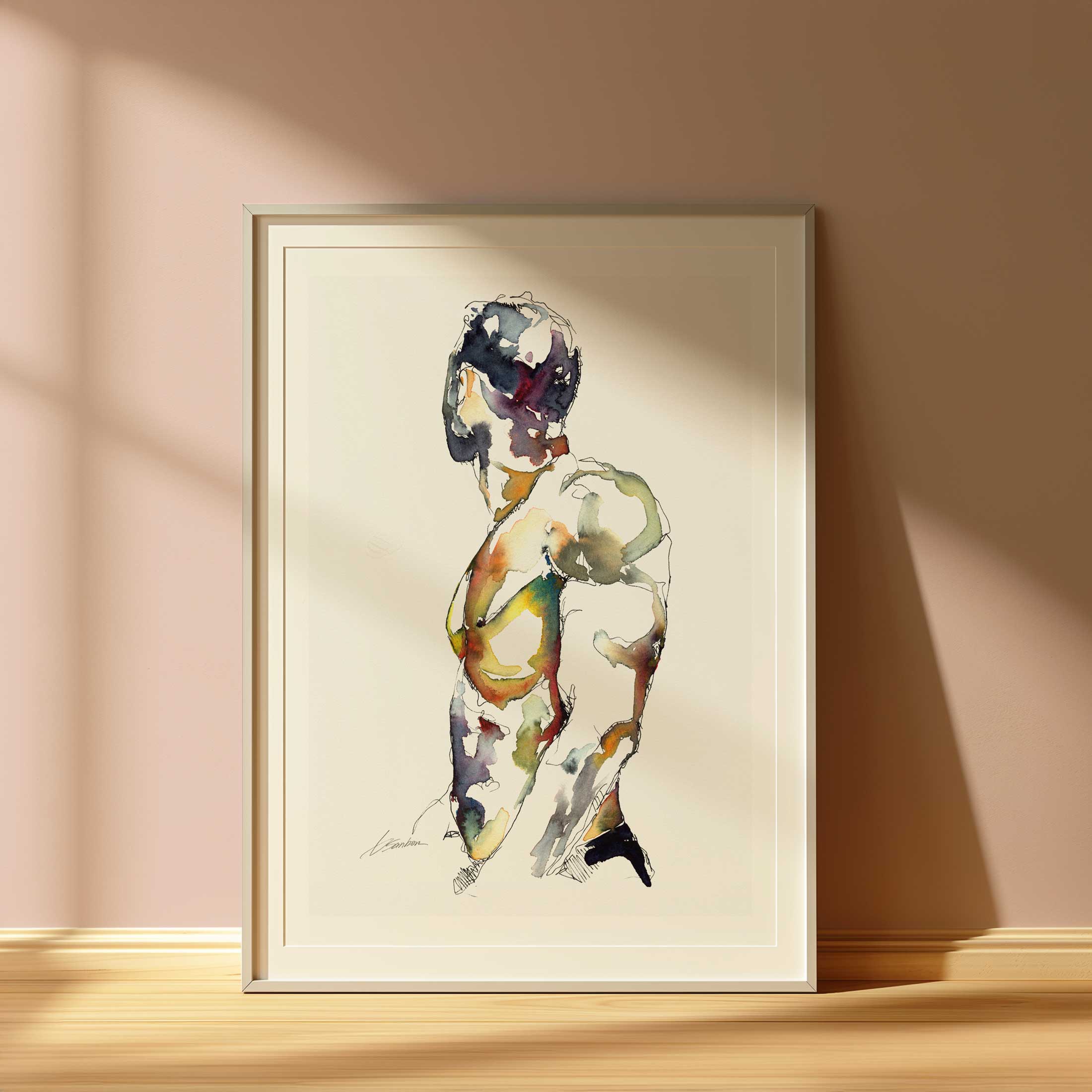 Male Figure in Vibrant Abstraction Looking Away - Art Print