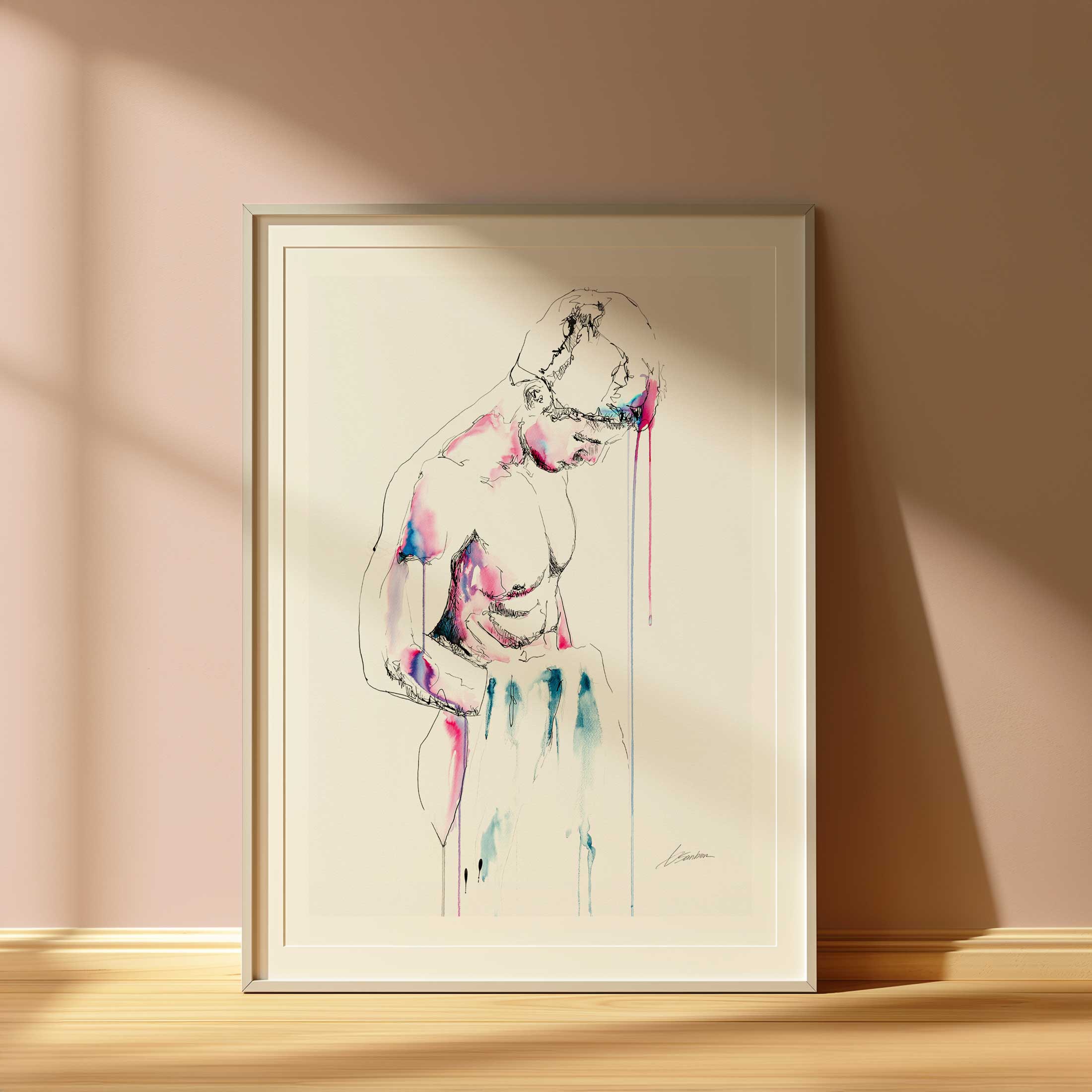 Nude Male Draped in Cloth with Downcast Gaze - Art Print