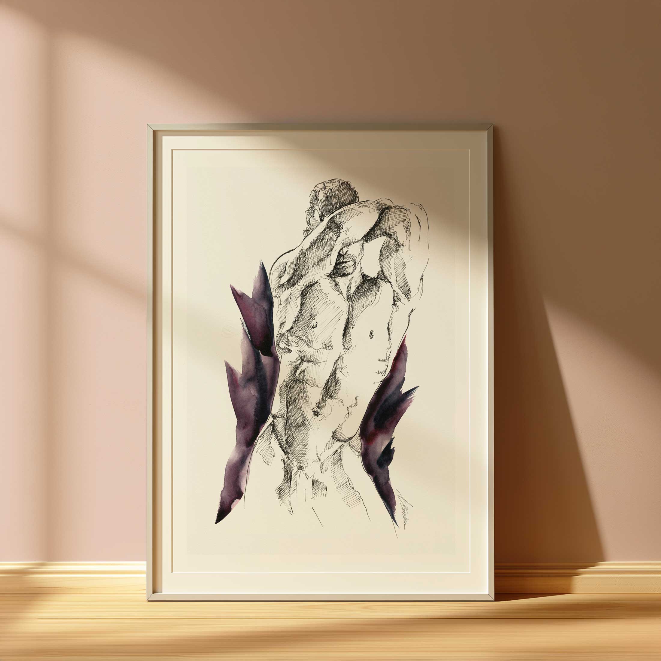 Defined Back Male Figure with Hands Behind Head - Art Print