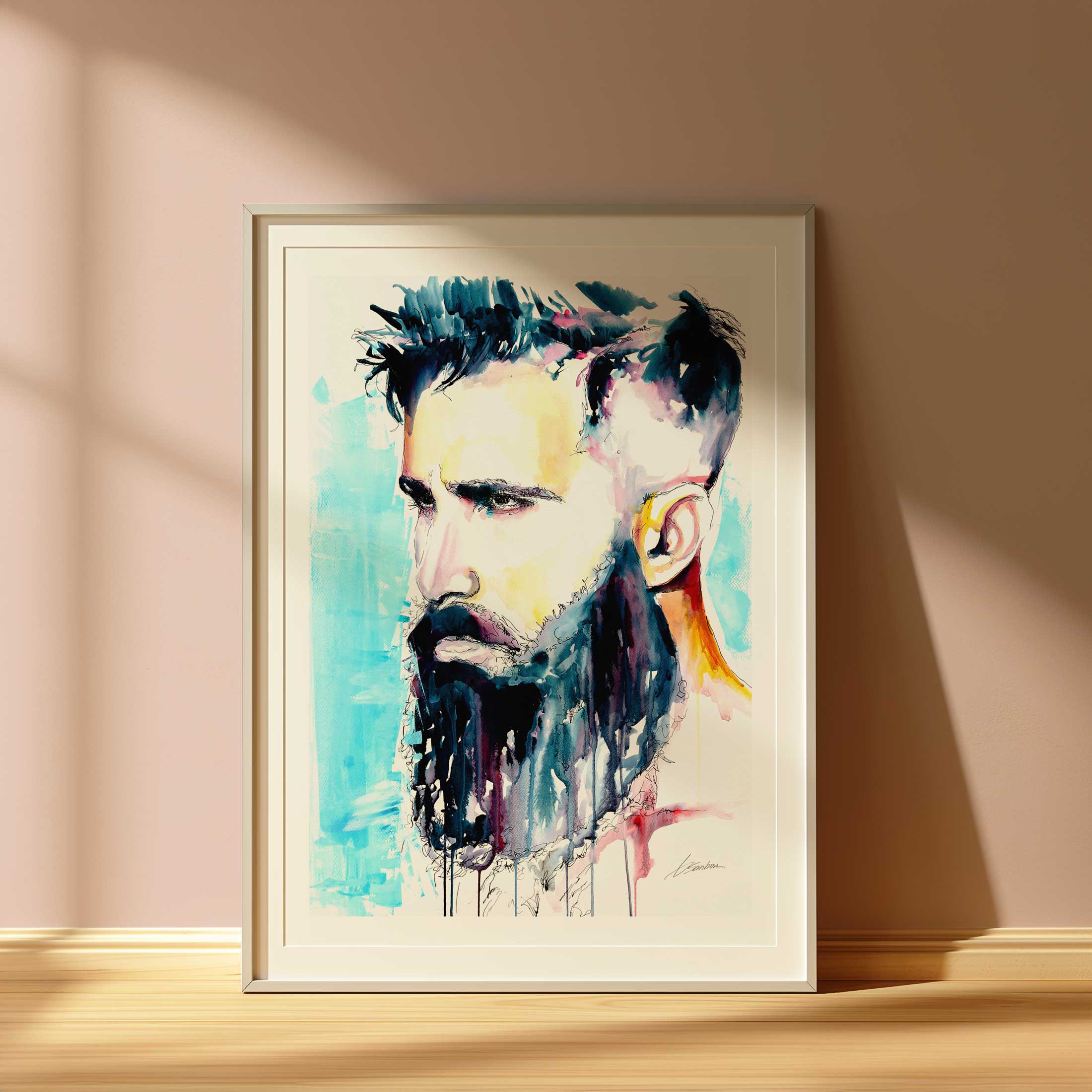 Bearded Man with Intense Gaze and Chiseled Jawline - Art Print