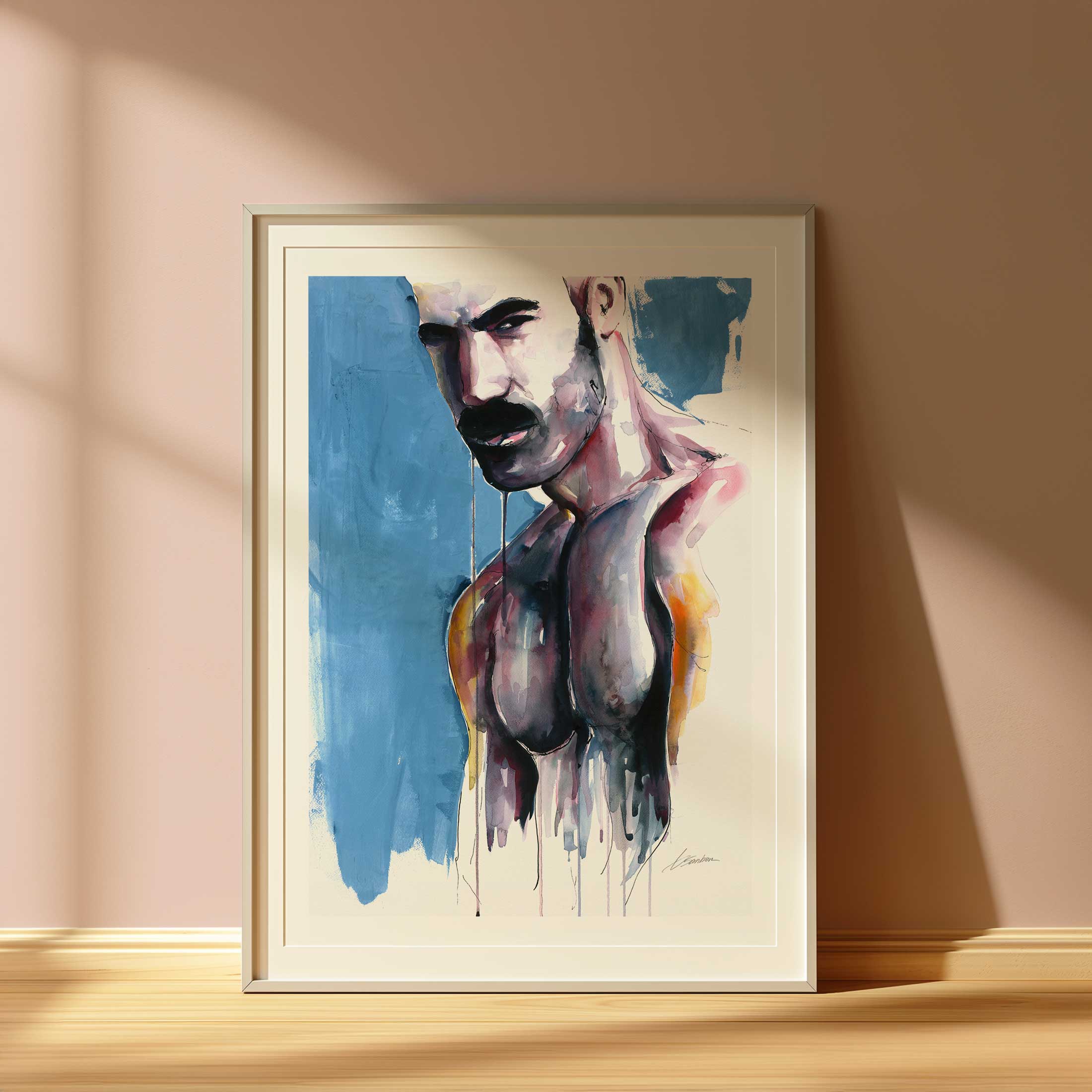 Mustached Male with Broad Shoulders and Intense Gaze - Art Print