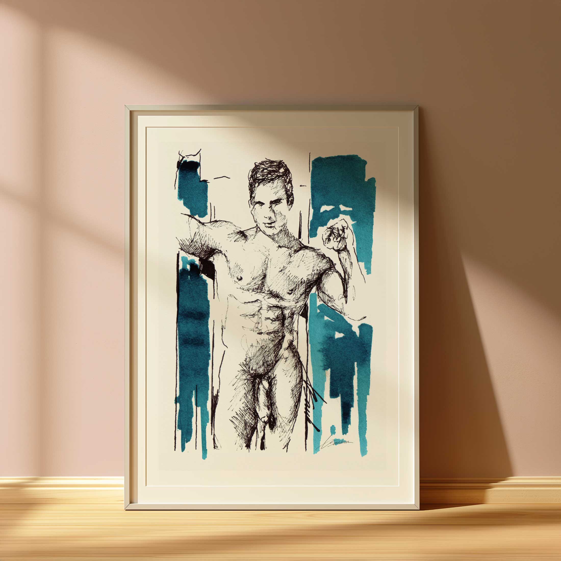 Young Male in Doorway, Smooth Body, Sexy Smile - Art Print