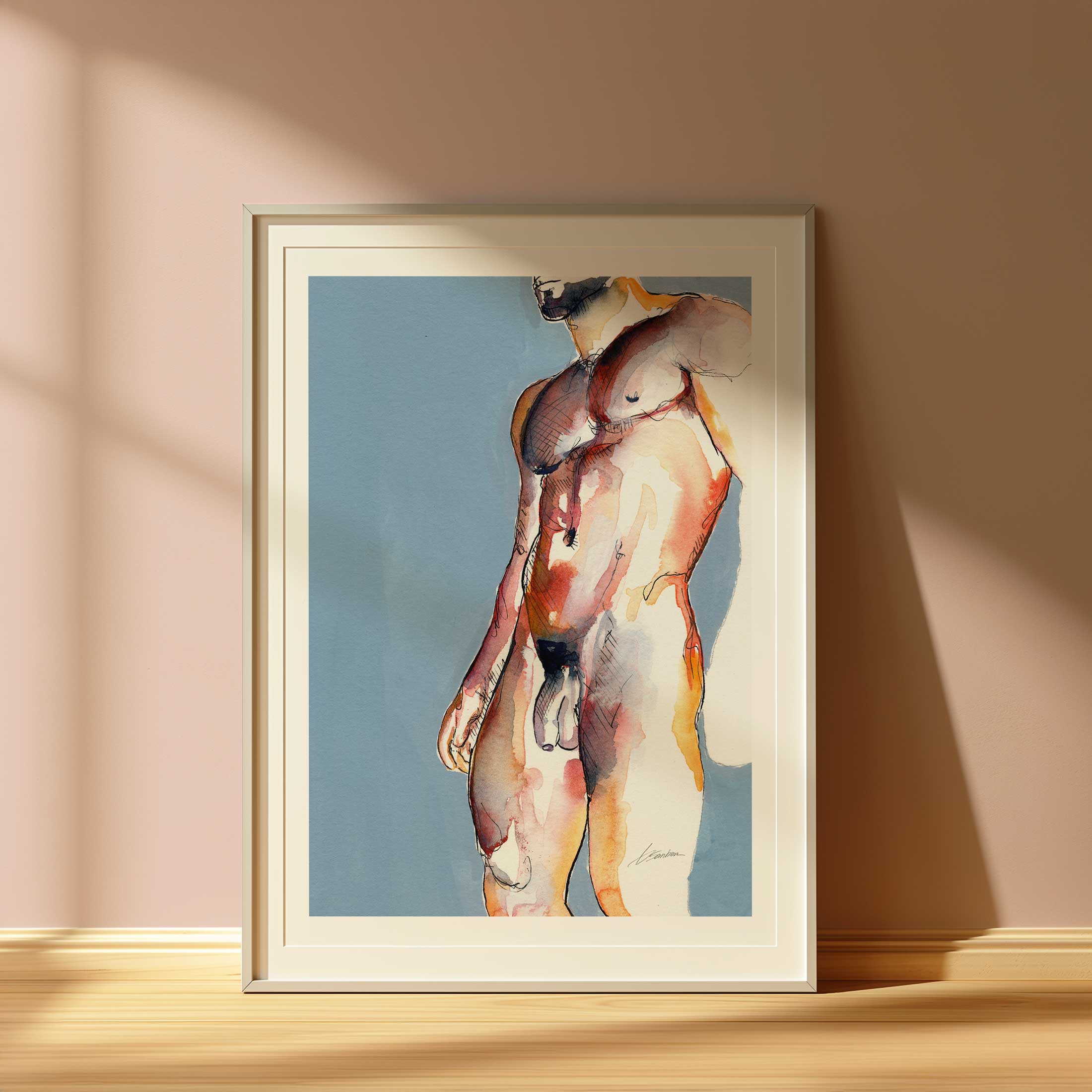 Bearded Male Nude with Defined Abs Standing in Natural Light - Art Print