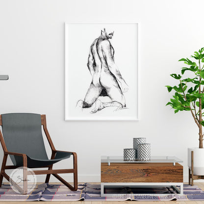 Charcoal Sketch of Nude Male with Muscular Back - Giclee Art Print