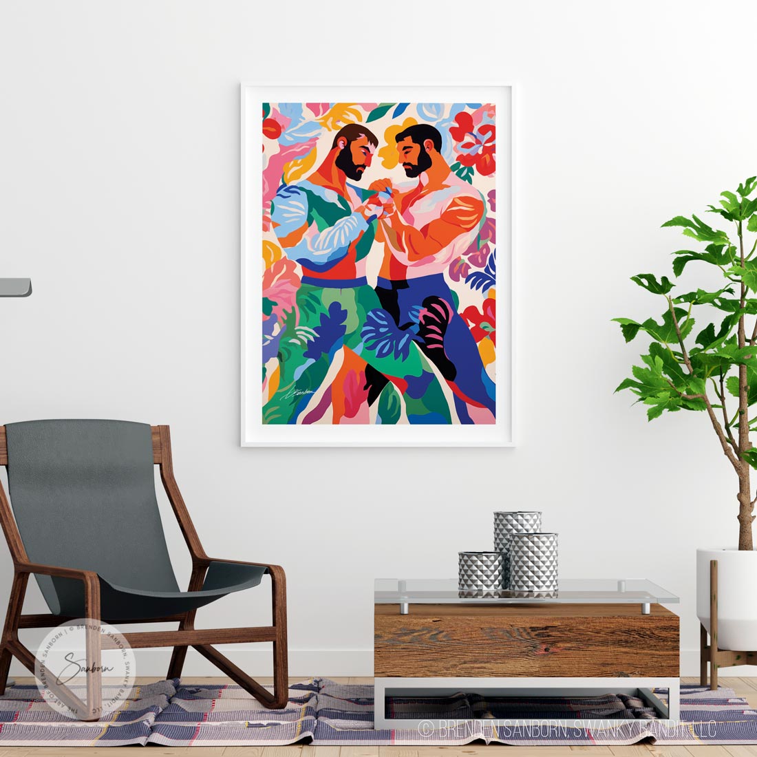 Intimate Moment of Male Lovers with Thick Beards Amidst Floral Paradise - Giclee Art Print