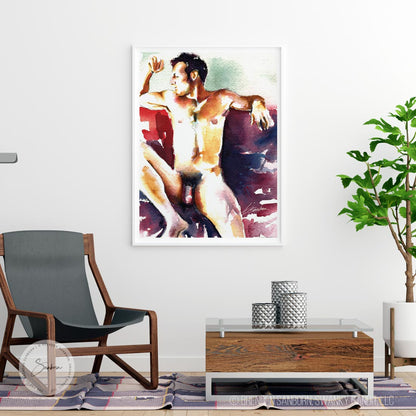 Hairy Chest and Treasure Trail on Lean Muscular Man, Casual Repose - Giclee Art Print
