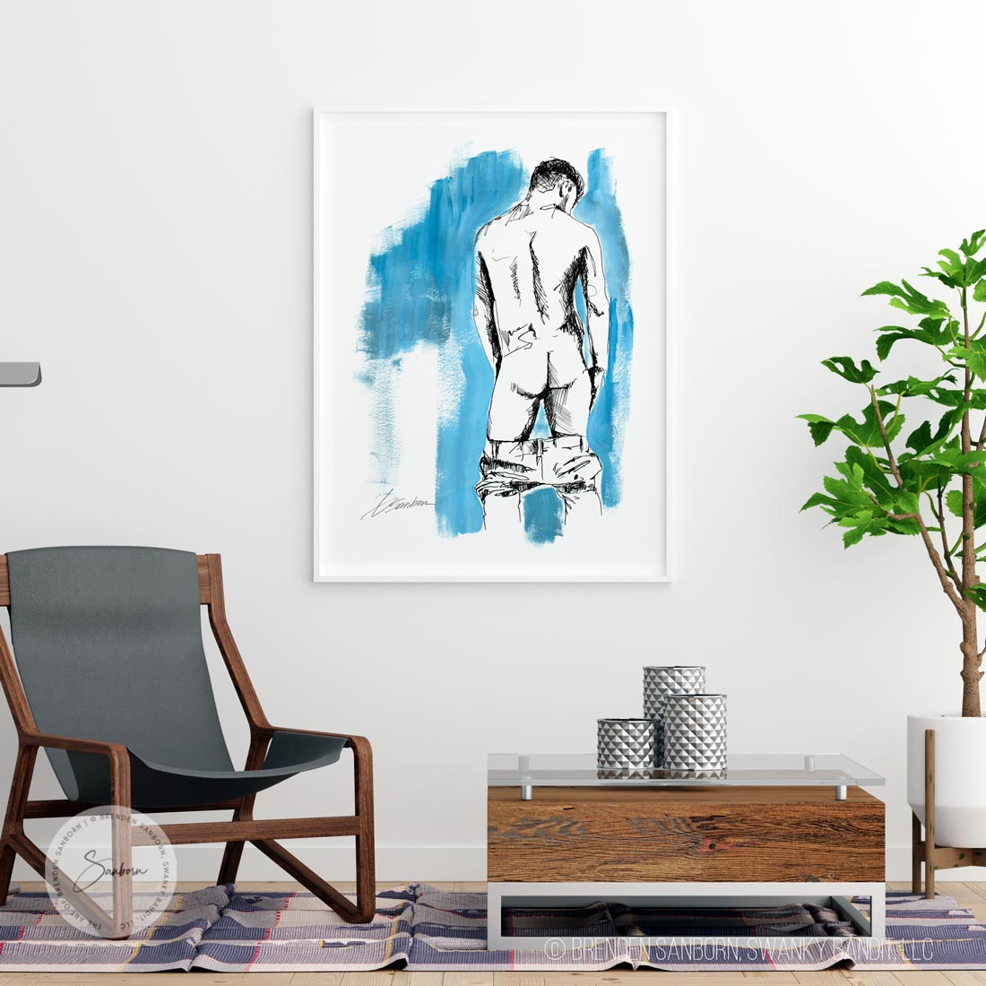 Daring Descent: Young Man with Muscular Arms, Pants Lowered - Giclee Art Print