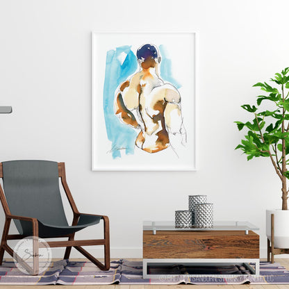 Sensual Pose with Cool Blue Backdrop, Defined Musculature - Giclee Art Print