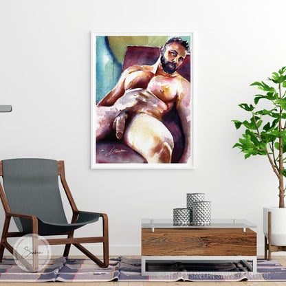 Bear's Gaze: Hairy Muscular Figure, Thick Beard, Full Nude, Slouched in Chair - Giclee Art Print
