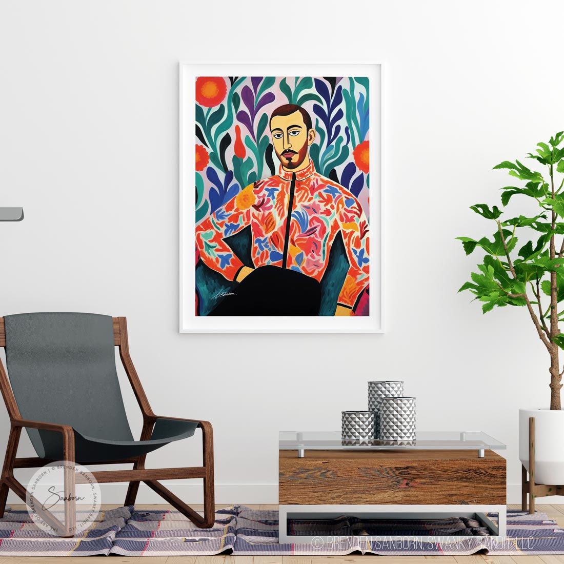 Floral Enigma: Poised Male in Patterned Attire - Giclee Art Print