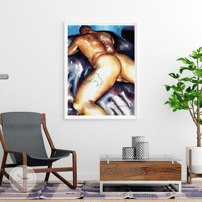 Lingering Strength: Muscular Man on Bed, Lean Physique & Firm Behind - Giclee Art Print