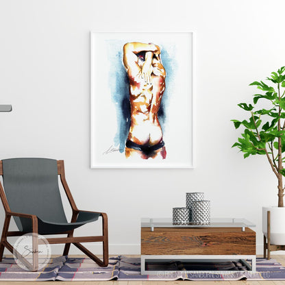 Sunlit Caress - Watercolor Male Torso with Hands Clasped Overhead - Giclee Art Print