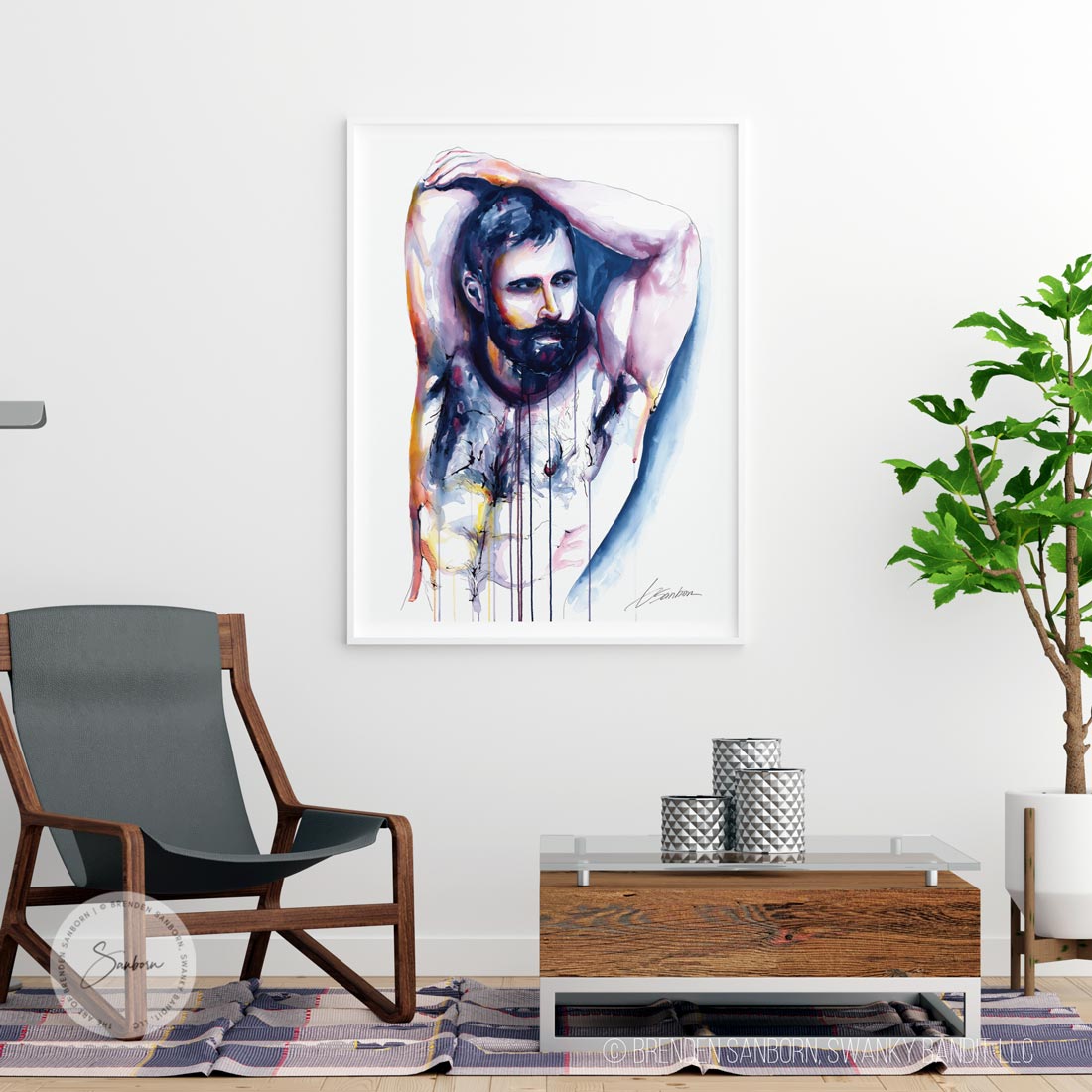 Muscular Hairy Chested Bearded Man with Deep Gaze and Flowing Colors - Giclee Art Print