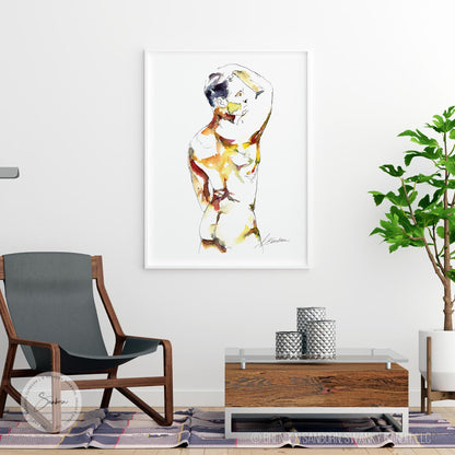 Muscular Male Back View, Strong Arm Pose, Ink & Watercolor - Giclee Art Print