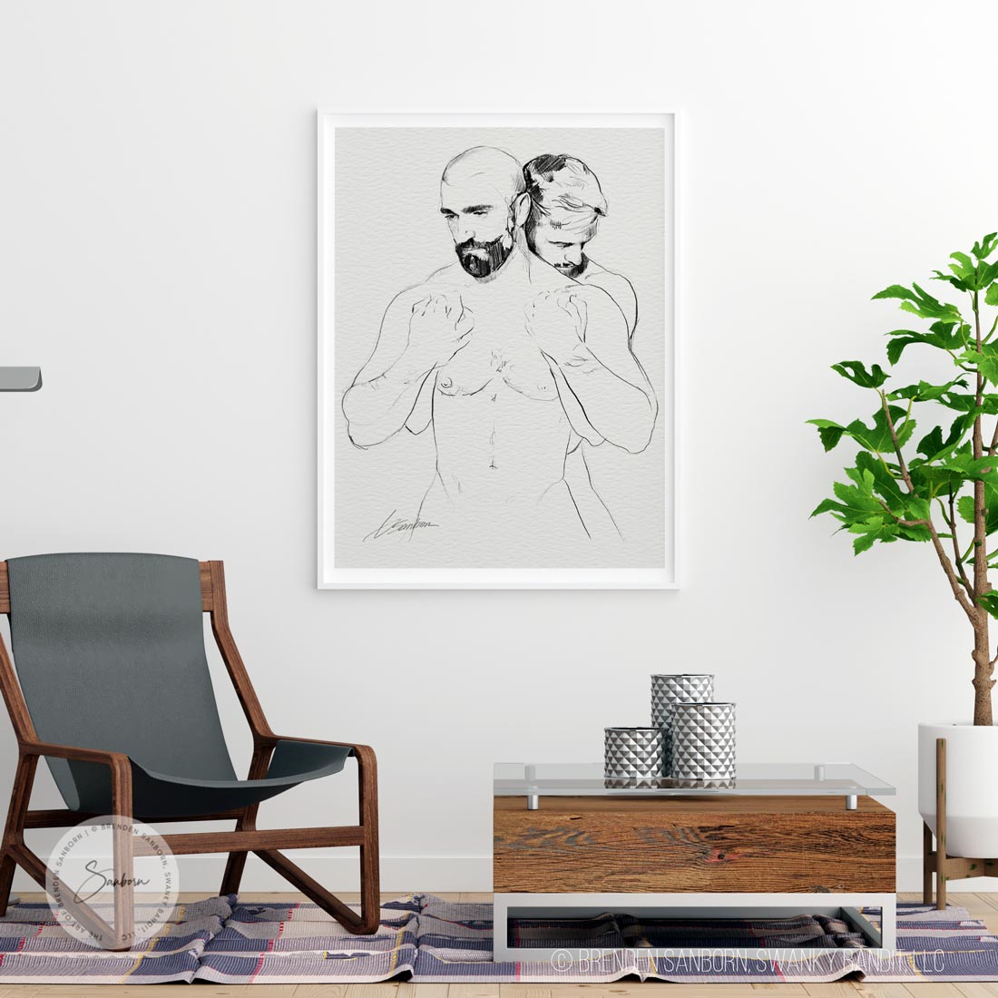 Intertwined Solace - Ink Sketch of Bearded Male Couple - Giclee Art Print