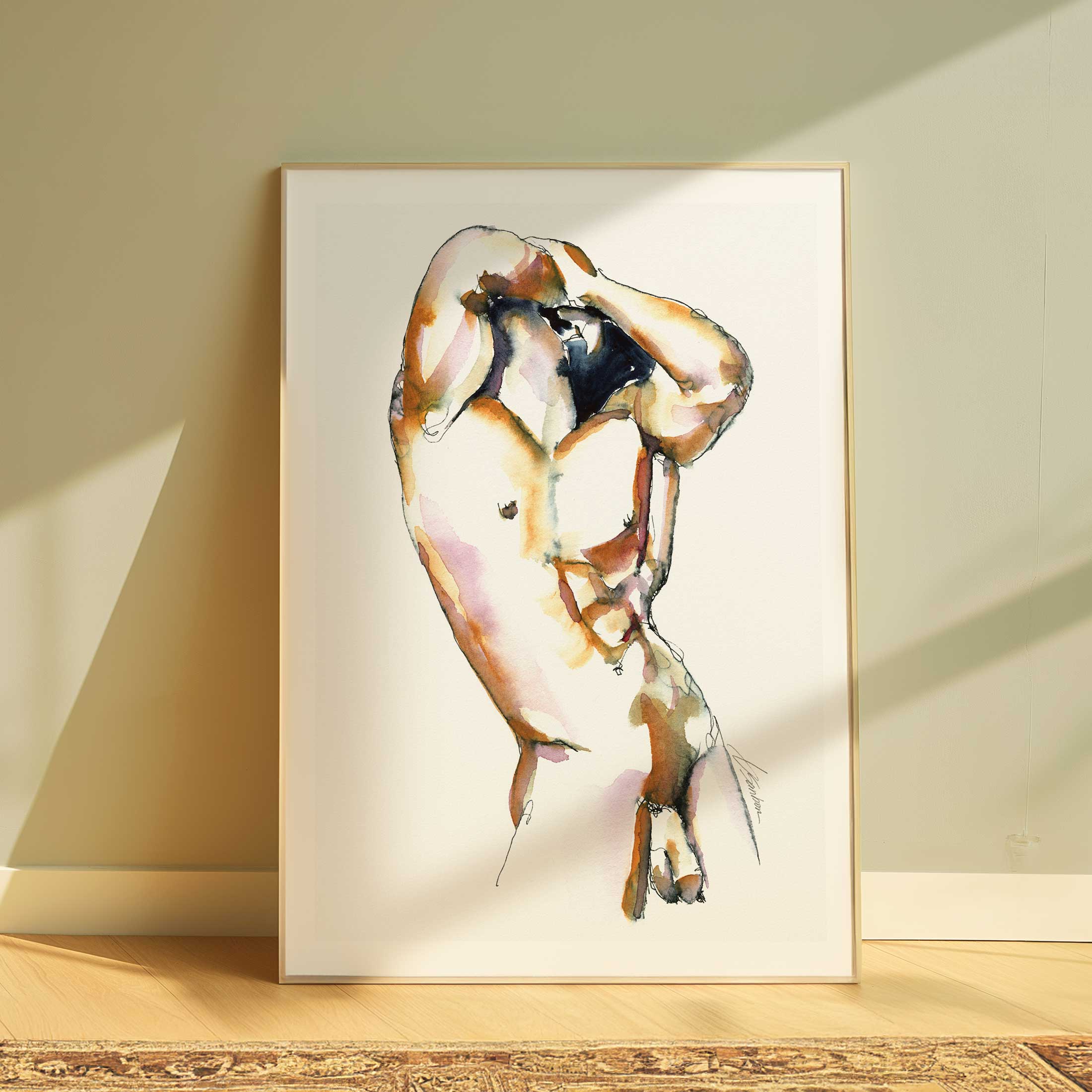 Strong Curves Male Nude with Hands Behind Head - Art Print