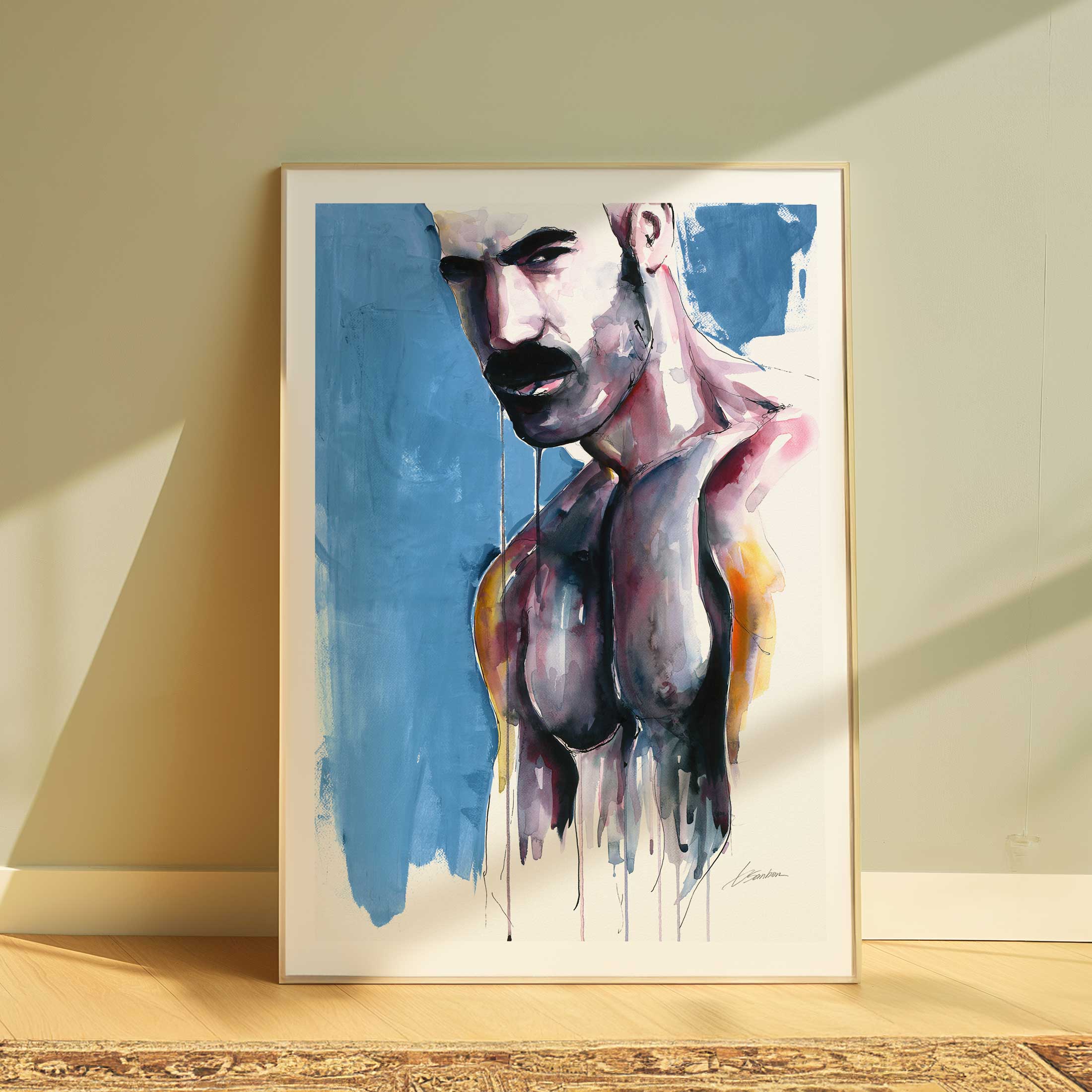 Mustached Male with Broad Shoulders and Intense Gaze - Art Print