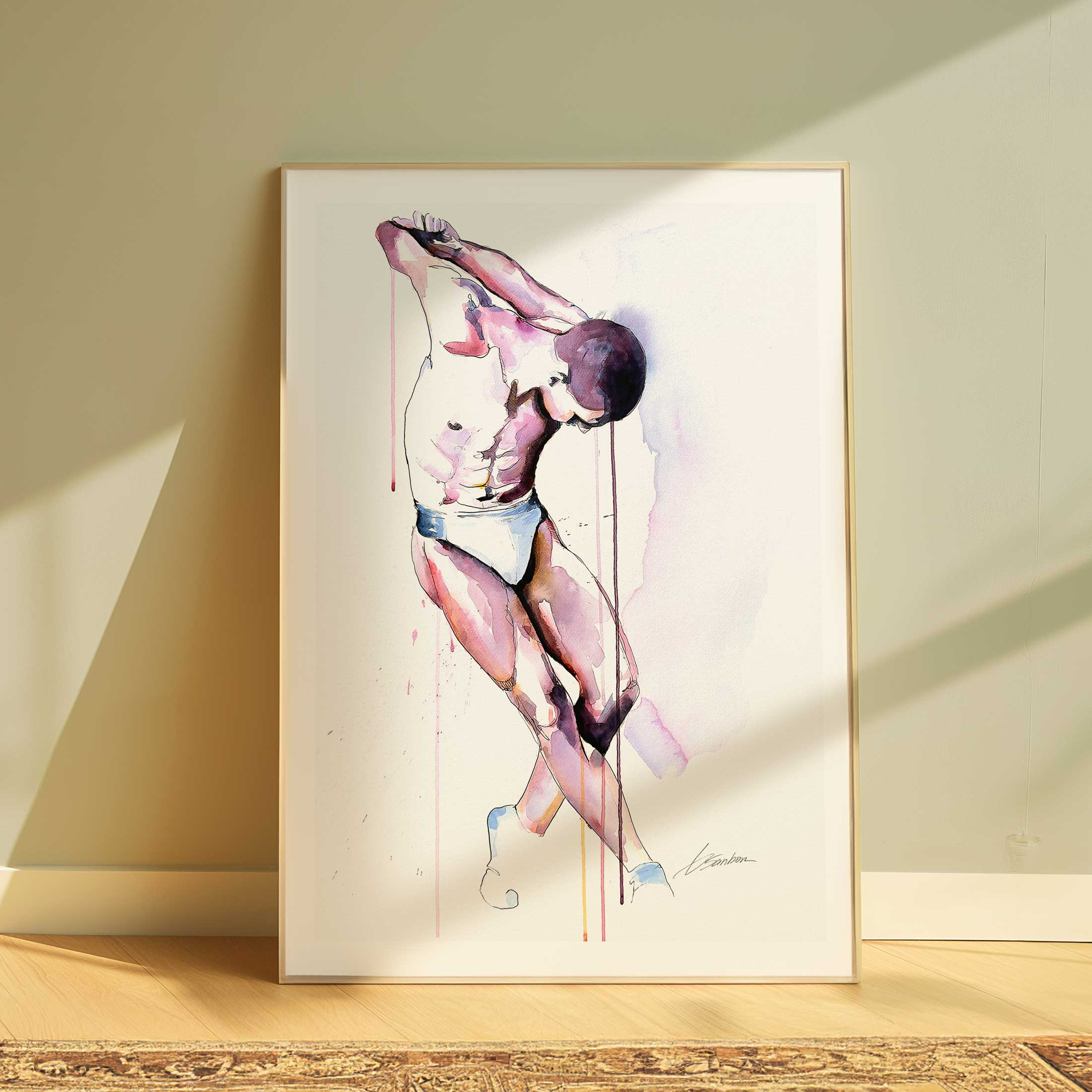 Stretching Moments of a Man in White Briefs - Art Print