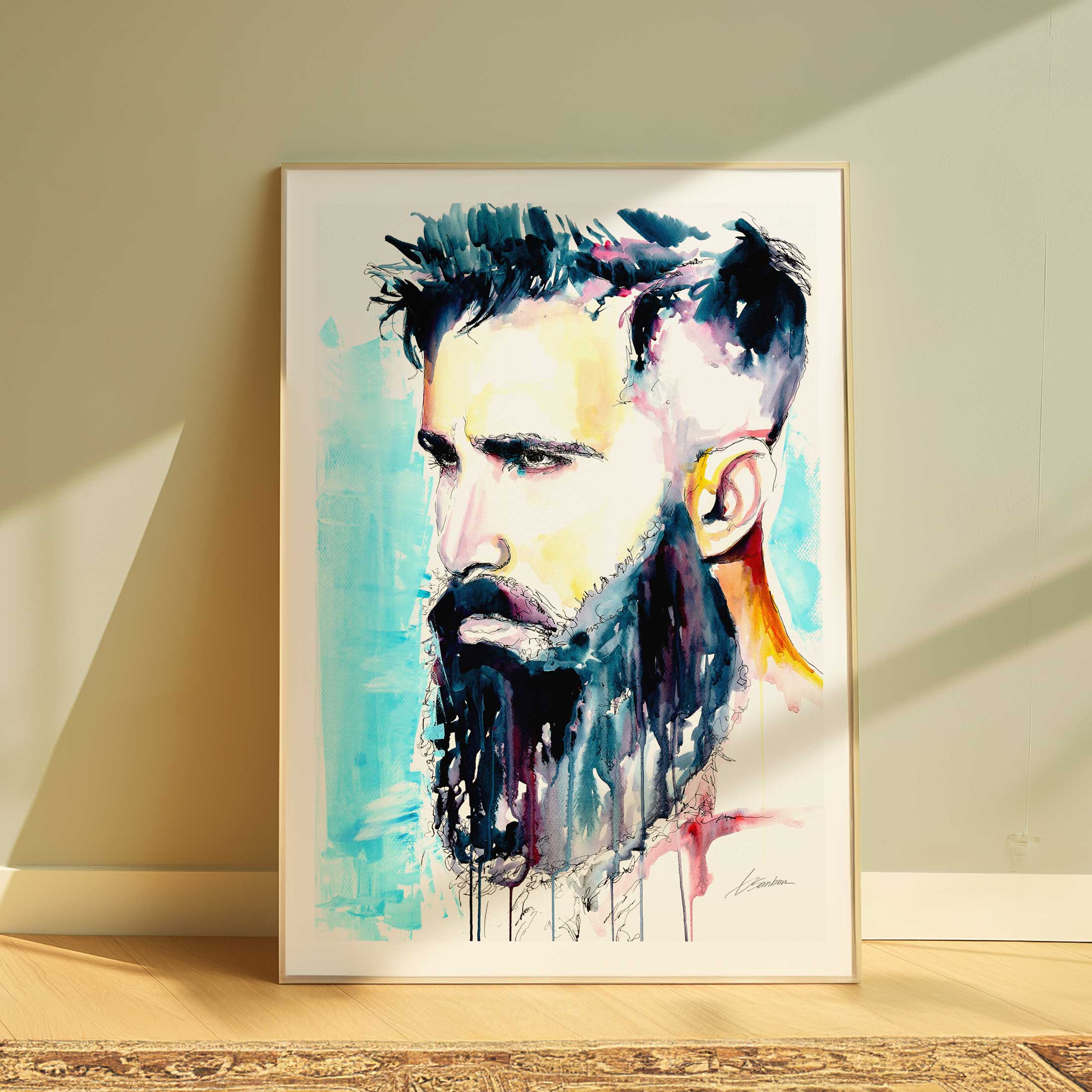 Bearded Man with Intense Gaze and Chiseled Jawline - Art Print